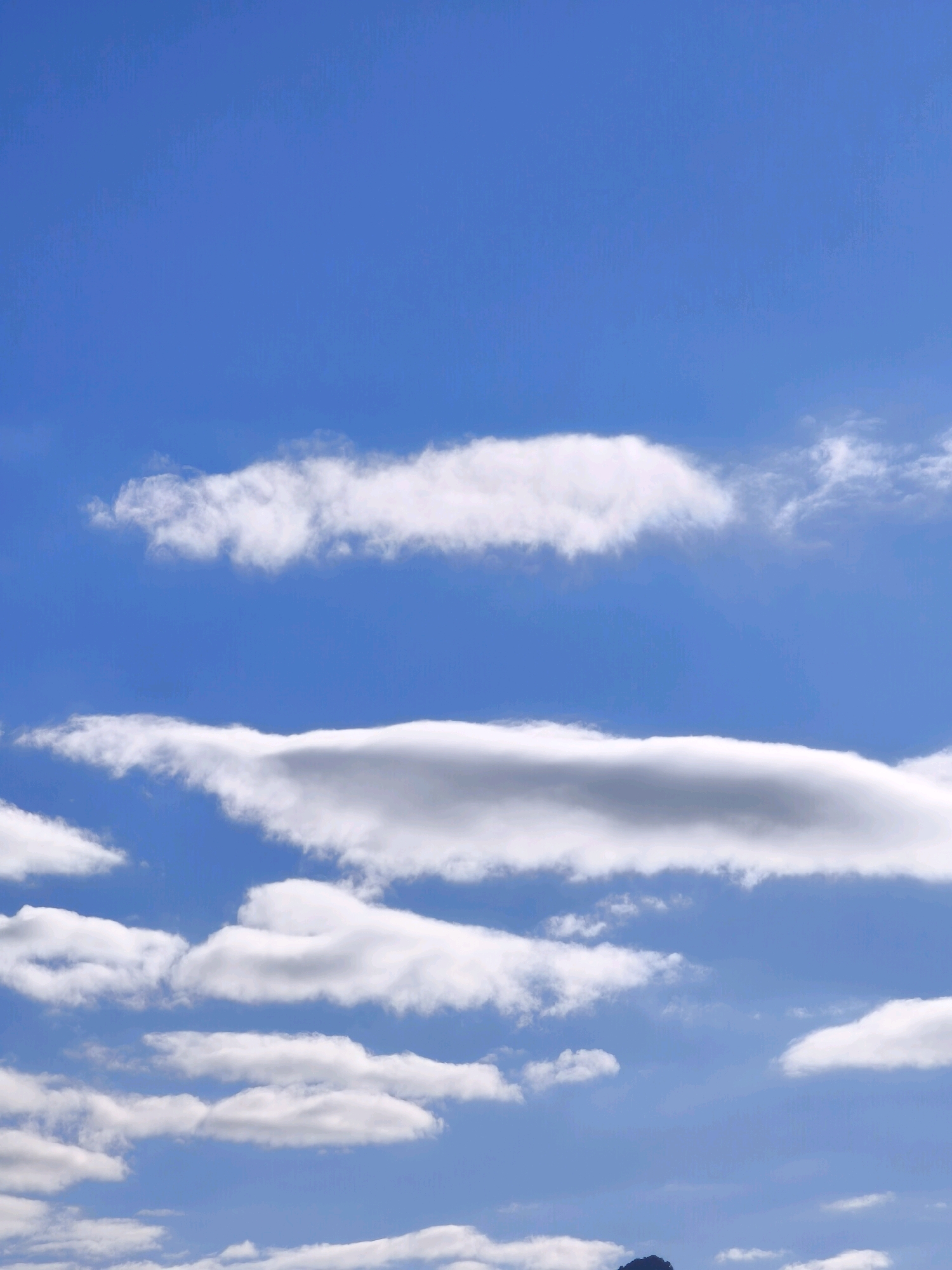 The image captures a vibrant blue sky filled with scattered white clouds. The clouds are varied in shape and size, with some appearing as thin, elongated wisps and others as more voluminous formations. The lighting suggests it is daytime, with the sun illuminating the clouds from above, creating bright highlights and soft shadows. In the lower portion of the image, a dark silhouette of a mountain or hill is visible against the sky, hinting at a natural landscape. The scene is serene and expansive, evoking a sense of openness and natural beauty. There are no people, man-made structures, or discernible activities taking place in the frame, focusing solely on the atmospheric conditions and the natural elements of sky and land. The location, Karachayevsk, Russia, suggests a mountainous region where such skies and landscapes are common.