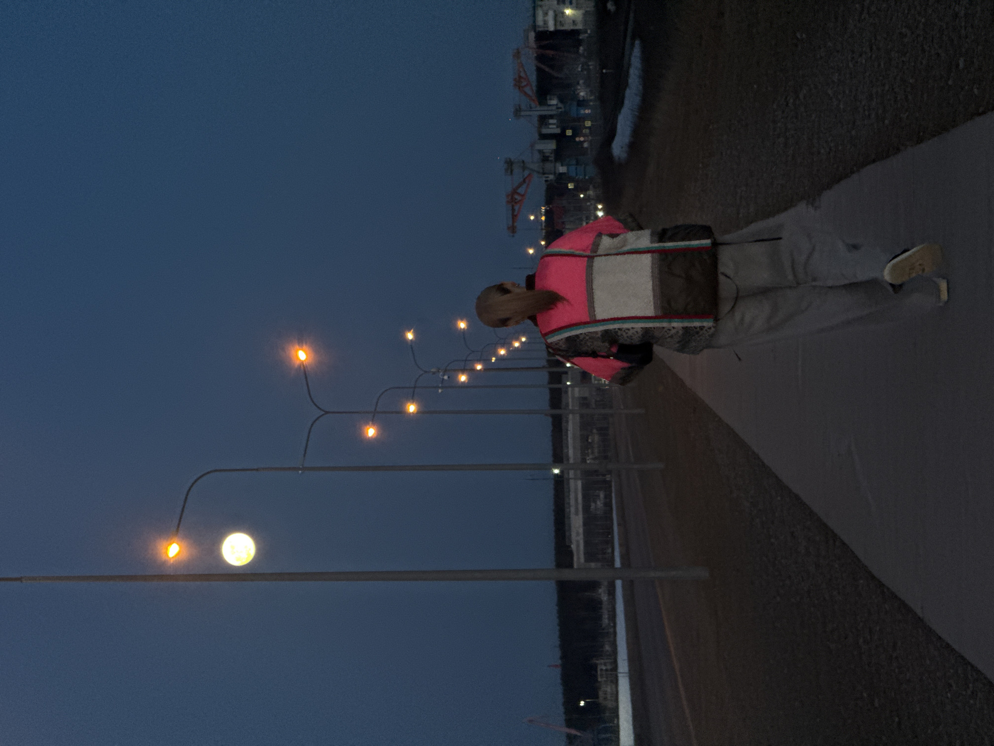 A street scene at dusk in Chaikovsky, Russia. A person wearing a pink, white, and brown jacket and grey pants walks along a paved path lined with closely spaced streetlights. Beyond the path is a dark strip of gravel and a body of water. In the distance, there is a view of construction cranes and lit buildings. The sky is a deep blue.
