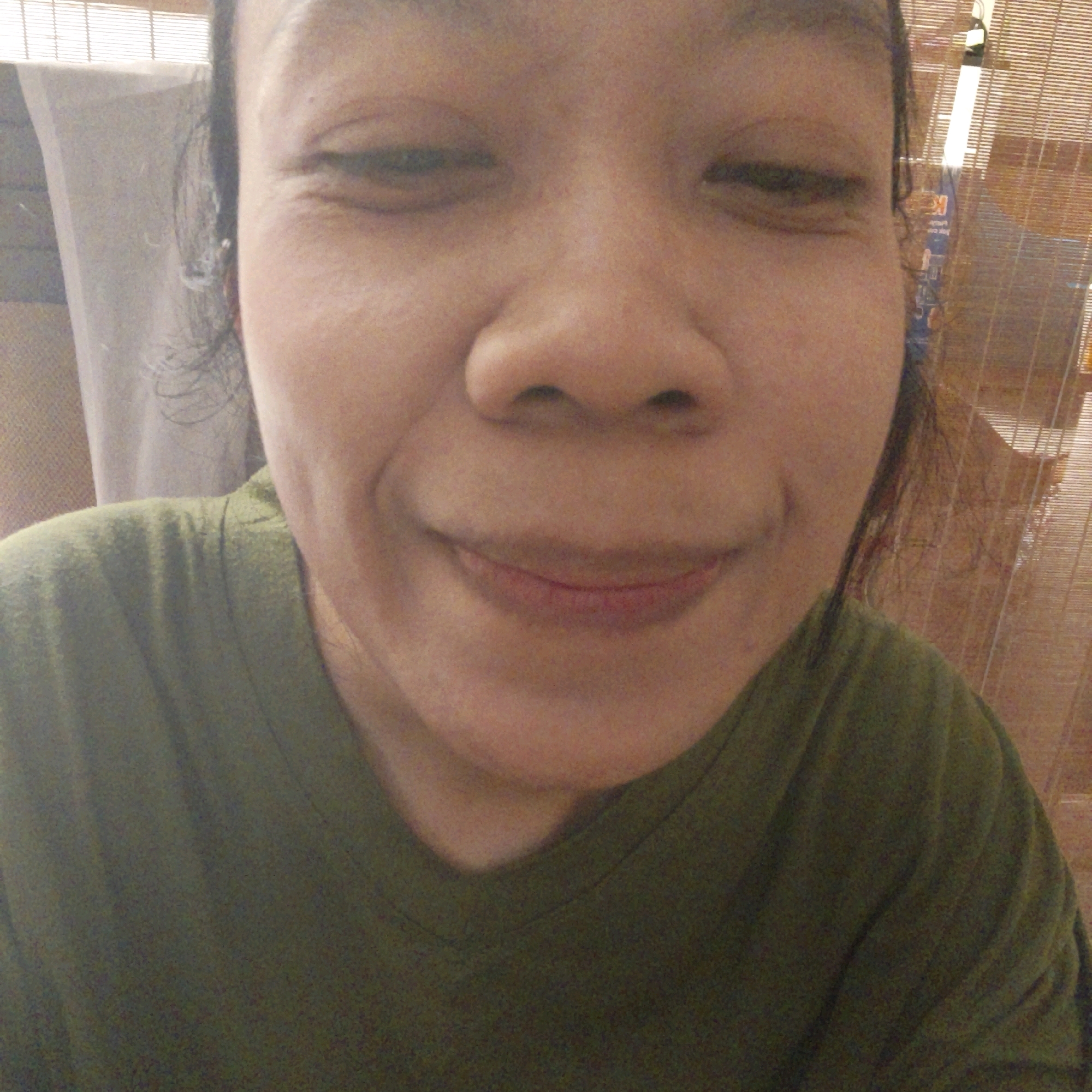 The image is a close-up selfie of a person's face and upper body, taken indoors. The background suggests a room with horizontal blinds, possibly a window covering. The person is wearing a green v-neck shirt. The lighting is direct and appears to be from the front, casting subtle shadows on the face. The image quality is somewhat grainy, indicating it may have been taken with a lower-resolution camera or in low light conditions. No specific landmarks or details of South Jakarta are visible.