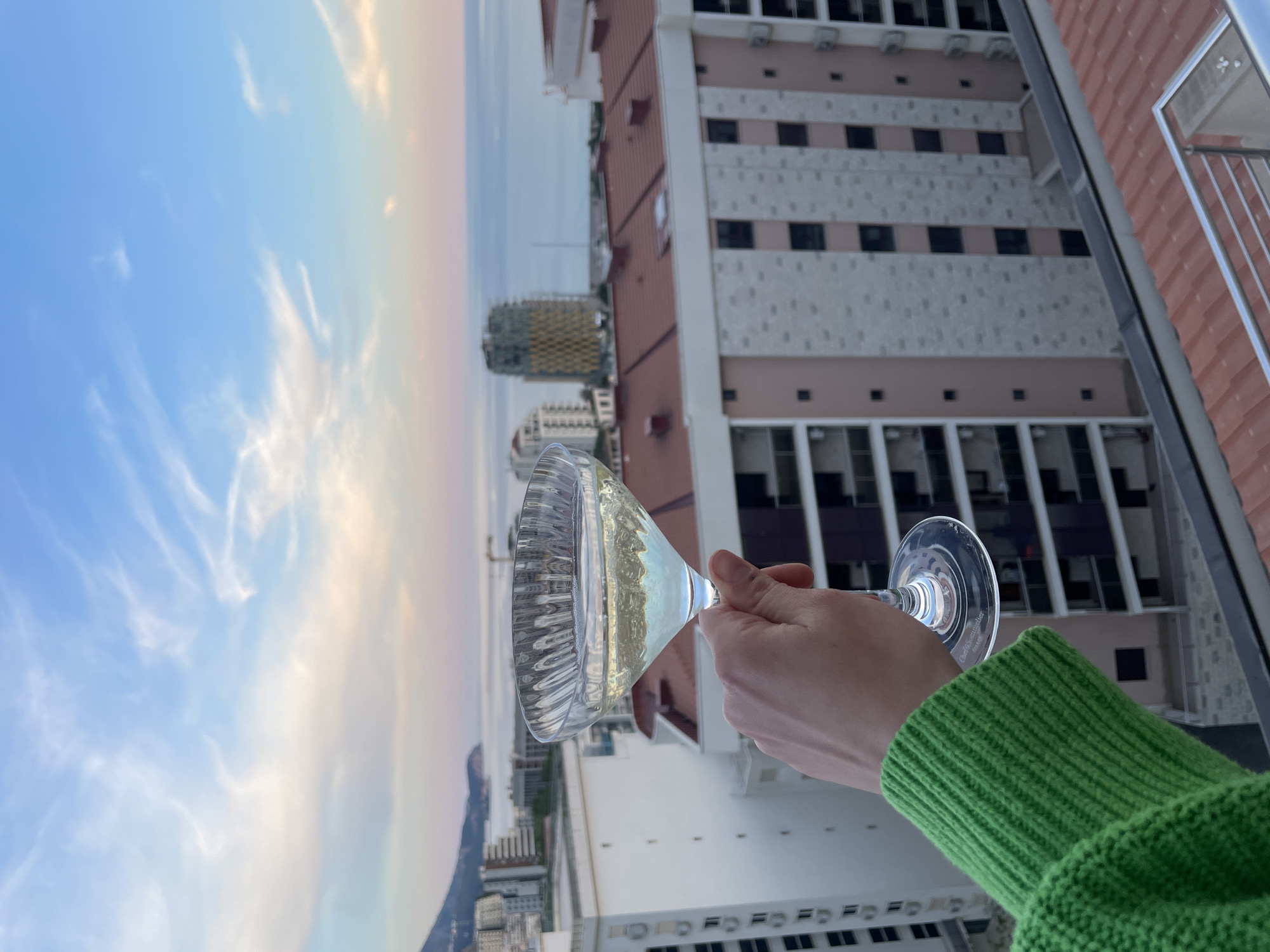 A long shot depicts a hand holding a martini glass filled with liquid. The arm is clad in a green knitted sweater. The background is a blurred cityscape, with buildings and a sunset-tinged sky visible through the glass. The location is Boreti, Montenegro.