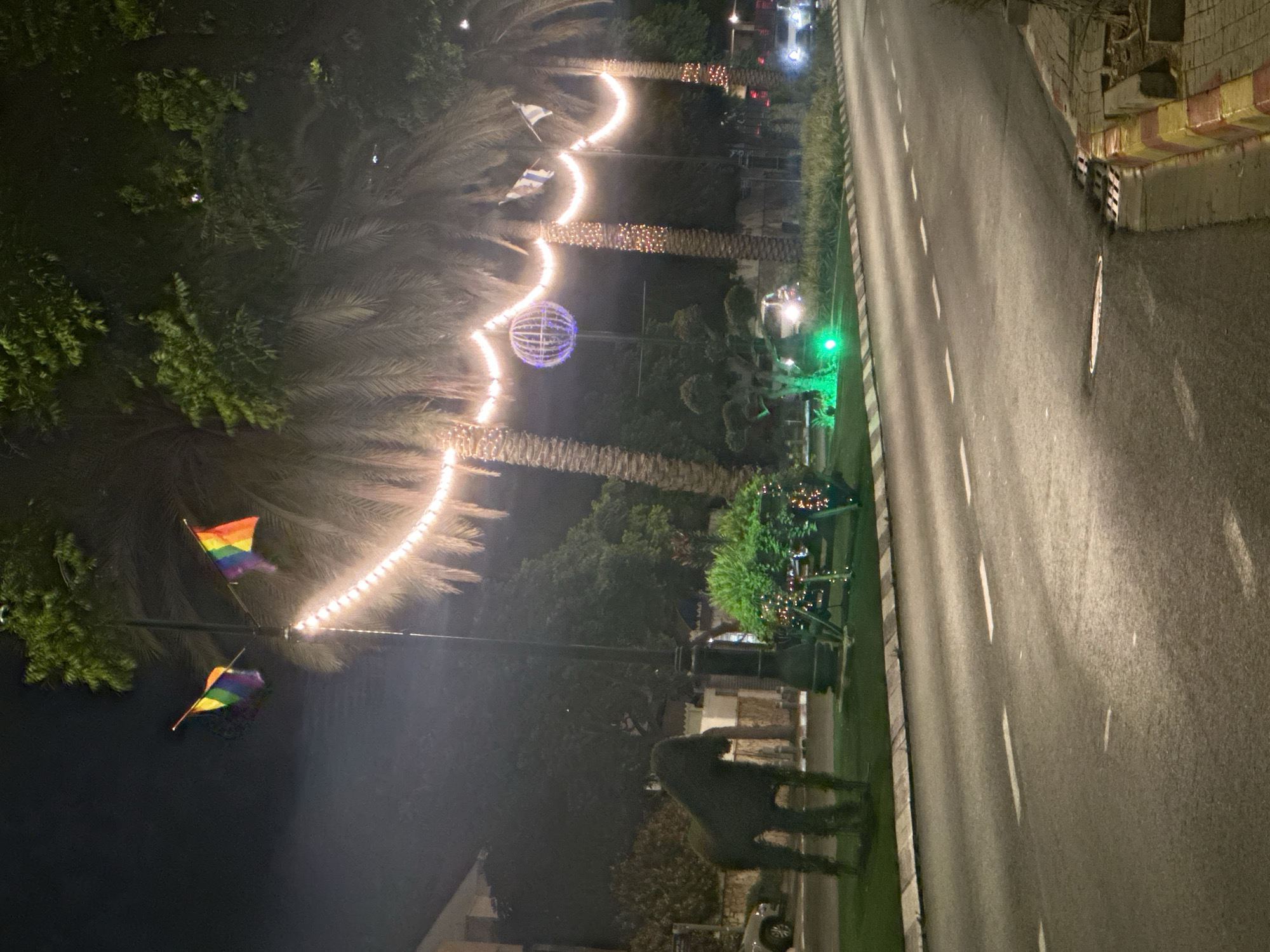 The image shows a night scene on a street in Rishon LeZion, Israel. The street is paved and has lane markings. On the right side of the road, there is a sidewalk with yellow and red striped curbing, a tree, and a storm drain. The left side of the road features a landscaped median with artificial turf.
Prominently displayed on the median is a topiary sculpture of a horse. Next to the horse is a planter box decorated with string lights and what appears to be Christmas lights. Further down the median, several palm trees are visible. These trees are adorned with strings of warm white lights that drape between them. One palm tree has a large, spherical light fixture hanging from its branches. Two rainbow flags are also visible, attached to poles near the palm trees. In the background, there are buildings and trees, illuminated by the streetlights and the decorative lighting. Several vehicles with their headlights on are present on the road and in the background. One vehicle appears to be a white car. The overall atmosphere is festive and celebratory.