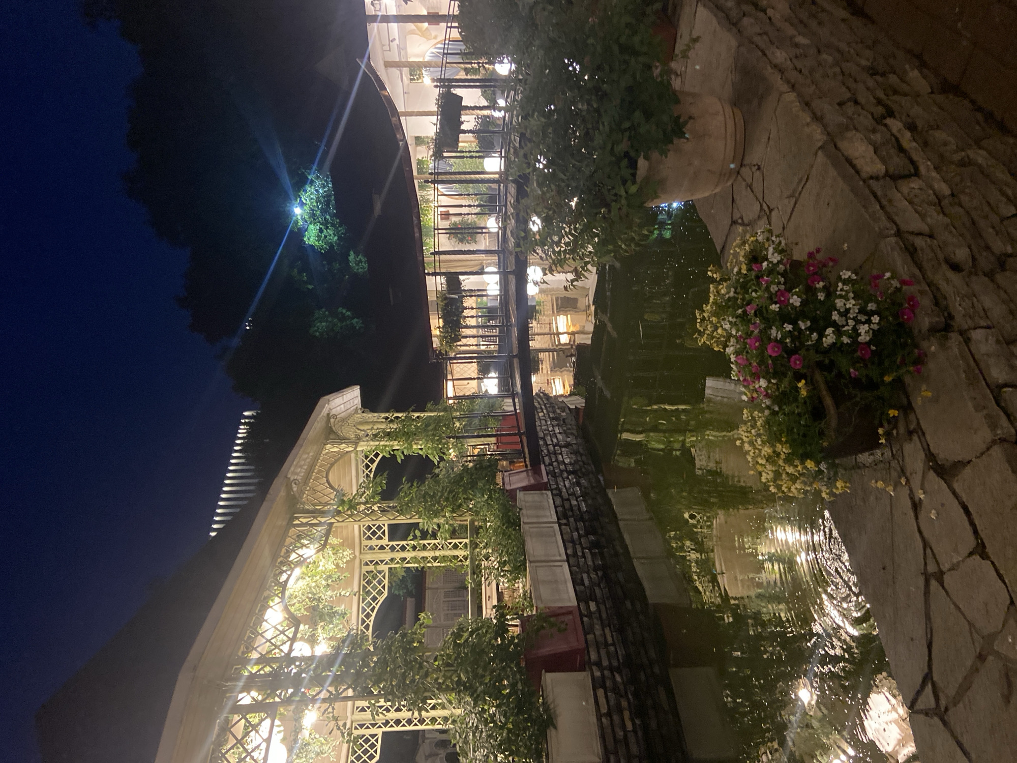 The image depicts an outdoor scene at night, likely a restaurant or event venue, illuminated by warm artificial lighting. In the foreground, a stone wall borders a body of water, possibly a pond or canal. The water reflects the lights from above, creating a shimmering effect. On the wall, two planters are visible: one containing a lush green plant, and another with a vibrant arrangement of pink, white, and yellow flowers.
A gazebo or covered structure with an ornate, lattice-like design stands to the left, also lit from within and adorned with climbing plants. The structure appears to be elevated and overlooks the water. A small bridge with a decorative railing spans the water, connecting to a building in the background. This building is illuminated and features windows, suggesting an indoor space.
In the distance, silhouetted trees rise against the dark night sky. A bright light source is visible in the upper right quadrant, casting a distinct beam. The overall impression is one of a tranquil and elegantly lit nighttime ambiance.
This scene is located at the "Restaurant Forest Hall" (Ресторан Лесной зал) in Ufa, Russia.