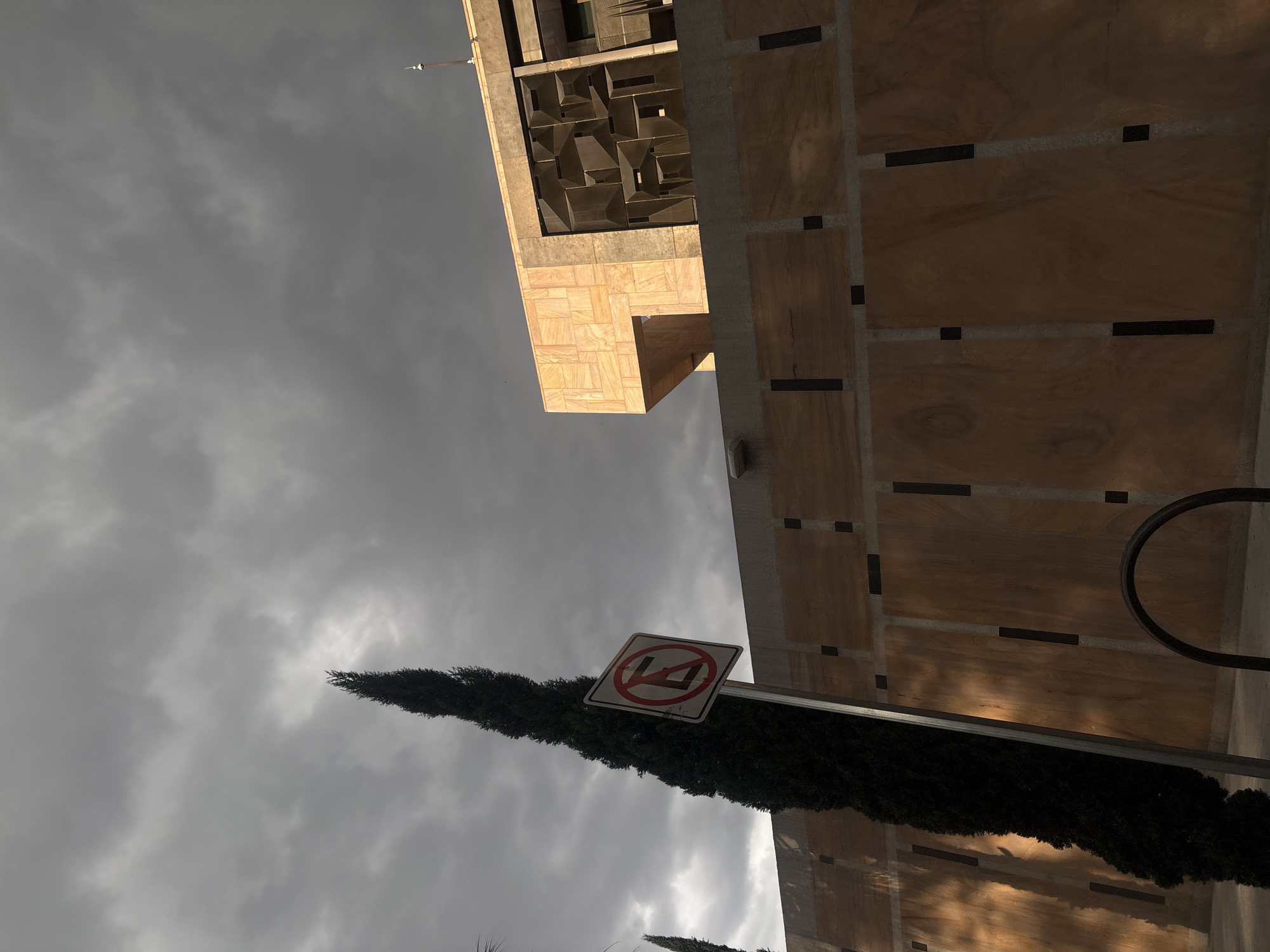 The image shows a tall, slender evergreen tree standing in front of a modern building under a cloudy sky. A parking prohibition sign, with a red circle and a diagonal line over the letter "E", is mounted on a pole next to the tree. The building has a warm-toned, textured facade, with large, rectangular panels. Above the lower facade, there is a section with geometric patterns and windows. The scene appears to be an outdoor public space in a city.