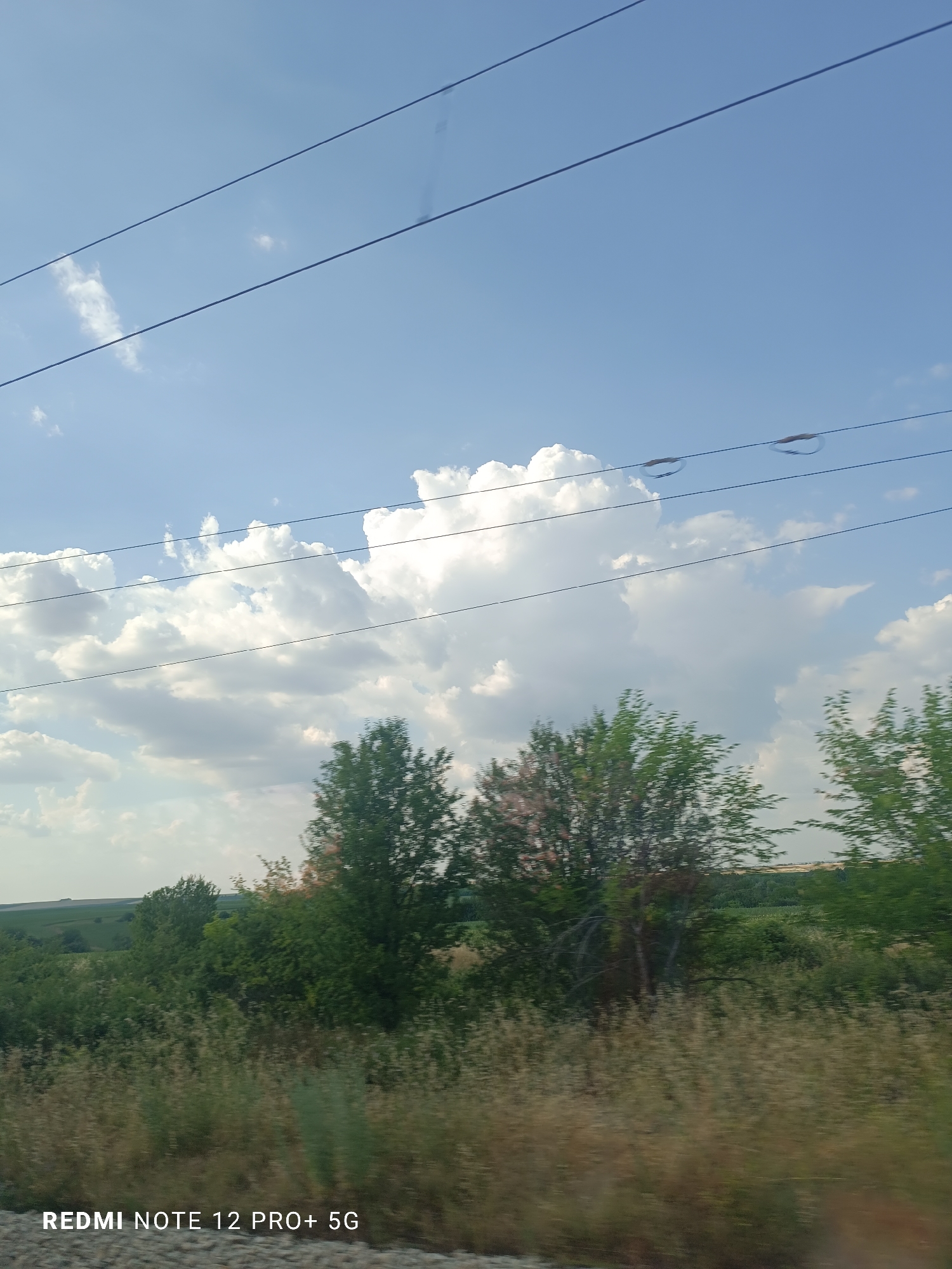 The image is a landscape scene captured from a moving vehicle, likely a train or car, as evidenced by the motion blur in the foreground. The sky is a prominent feature, filled with a mix of blue sky and large, fluffy white clouds. Three dark, parallel power lines stretch across the upper portion of the frame. Below the sky, a band of green trees and vegetation forms a natural barrier, with some trees appearing closer and more detailed than others. The foreground is blurred with dry grass and foliage, suggesting a natural, possibly rural or semi-rural environment. The lower right corner of the image contains a watermark that reads "REDMI NOTE 12 PRO+ 5G". The scene appears to be an outdoor daytime shot.