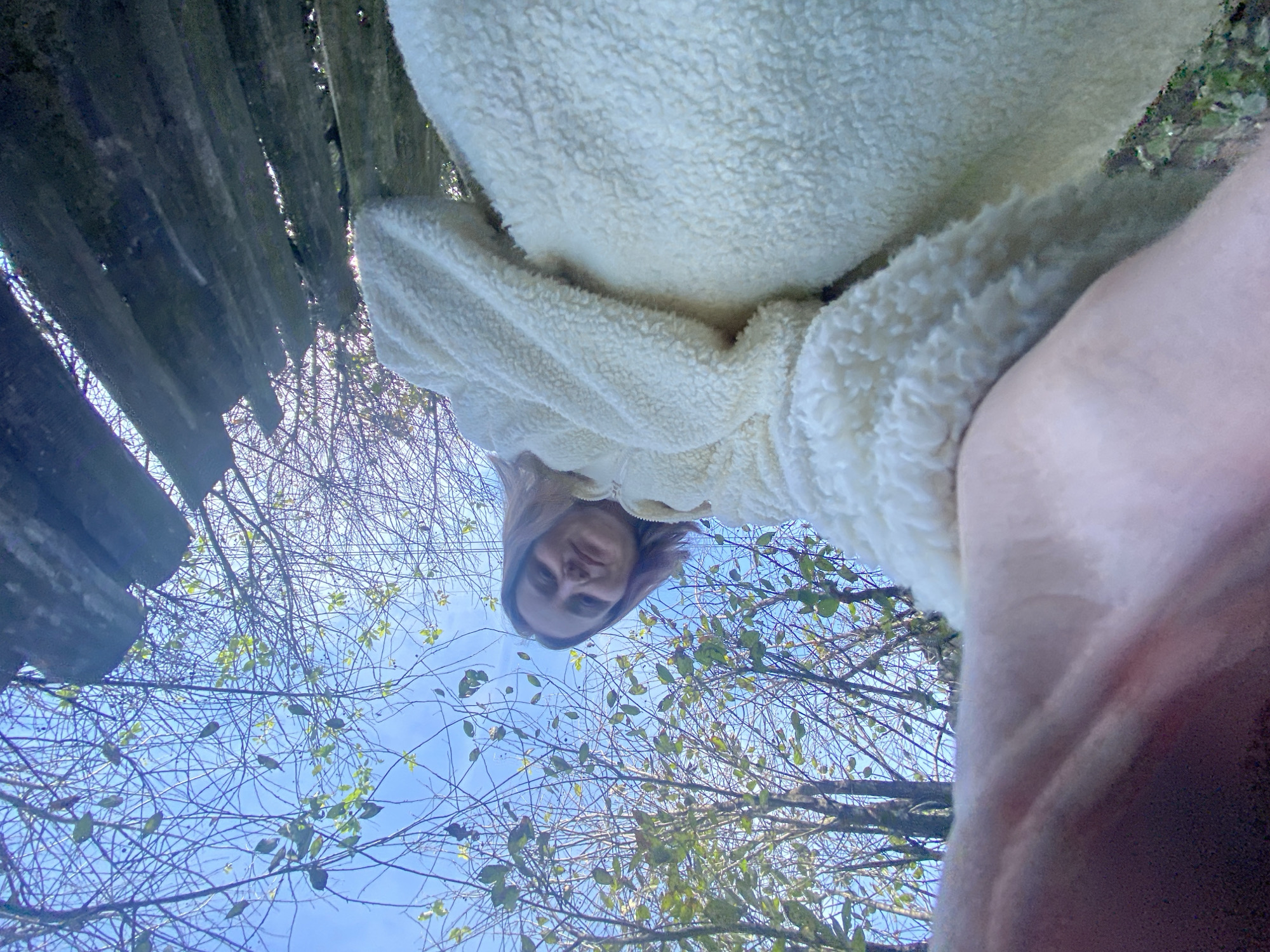 The image shows a low-angle, upward view of a young woman looking at the camera. She has light brown hair and is wearing a fluffy white jacket. The background consists of a bright blue sky with thin branches and a few green leaves from trees. In the upper right corner, a dilapidated, corrugated roof is visible. The scene appears to be outdoors, possibly in a park or yard in Chaikovsky, Russia, given the presence of trees and the likely style of the roof. The focus is on the woman and her surroundings, captured from a unique perspective.
