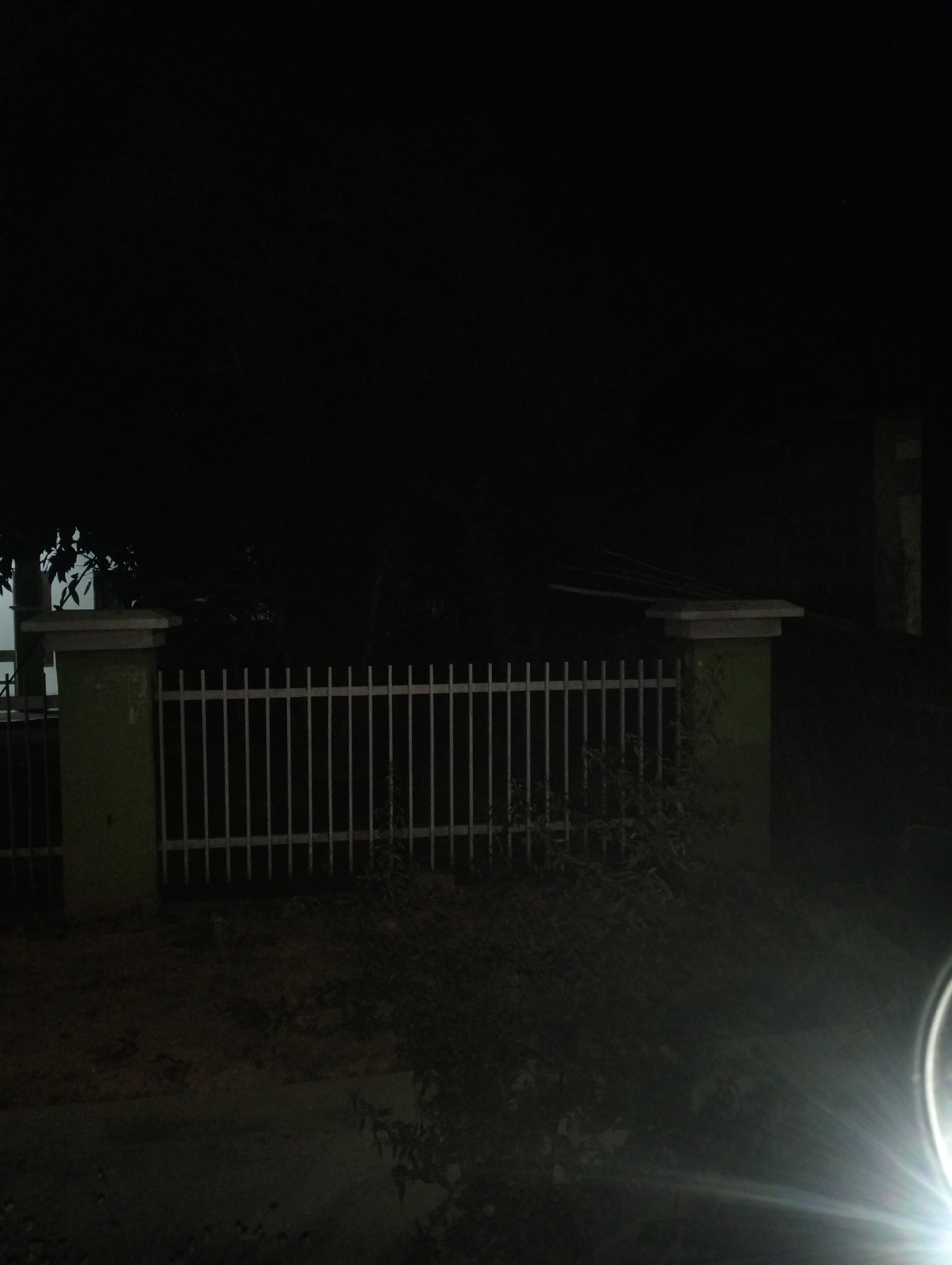 The image depicts a dark outdoor scene, likely at night. In the foreground, a bright light source, possibly a vehicle's headlight, emits strong rays. Behind it, there is a metal fence with vertical bars, supported by a green pillar on the left and another on the right, partially visible. Trees and foliage are present behind the fence, with some leaves visible near the top left. The overall environment appears to be a street or pathway next to a property, possibly in the Driyorejo area of Indonesia, given the context provided. The scene is characterized by low light conditions and the illumination from the light source.
