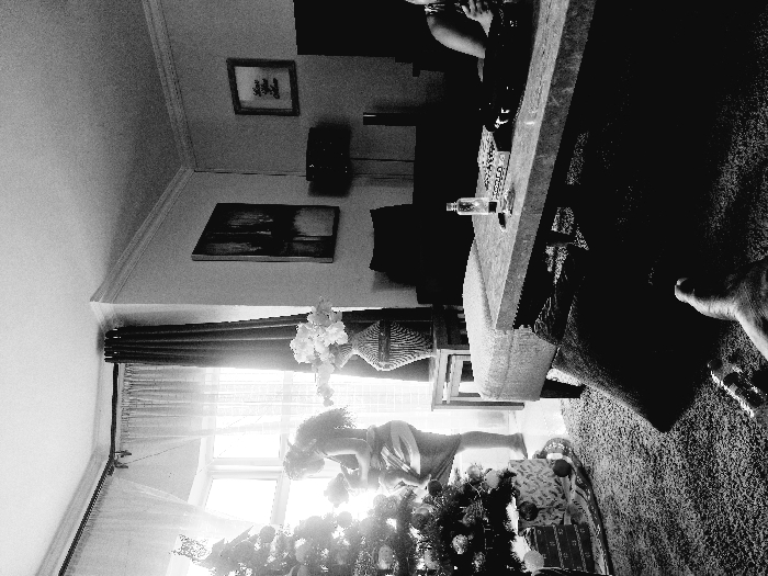 A black and white indoor shot reveals a room with a partial view of a Christmas tree in the foreground, likely positioned near a window with sheer curtains. A woman is seen bending over, potentially arranging gifts or decorations. The room contains a sofa and a coffee table on which a bottle is placed. Pictures adorn the walls. The ceiling has decorative moldings. Part of a person's foot is visible near the carpet.