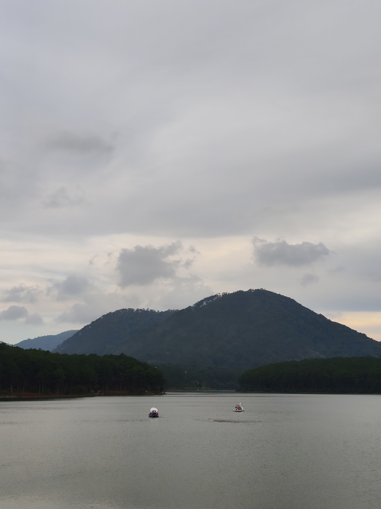 The image depicts a lake scene in Da Lat, Vietnam, under a heavily overcast sky. In the background, a large, tree-covered mountain dominates the view, with a smaller mountain range slightly behind it to the left. The lake fills the foreground and midground, its surface relatively calm. Two small boats are visible on the lake; one appears to be a swan-shaped paddle boat, while the other is a small recreational boat with a white awning. A tree line separates the lake from the land on both sides.
