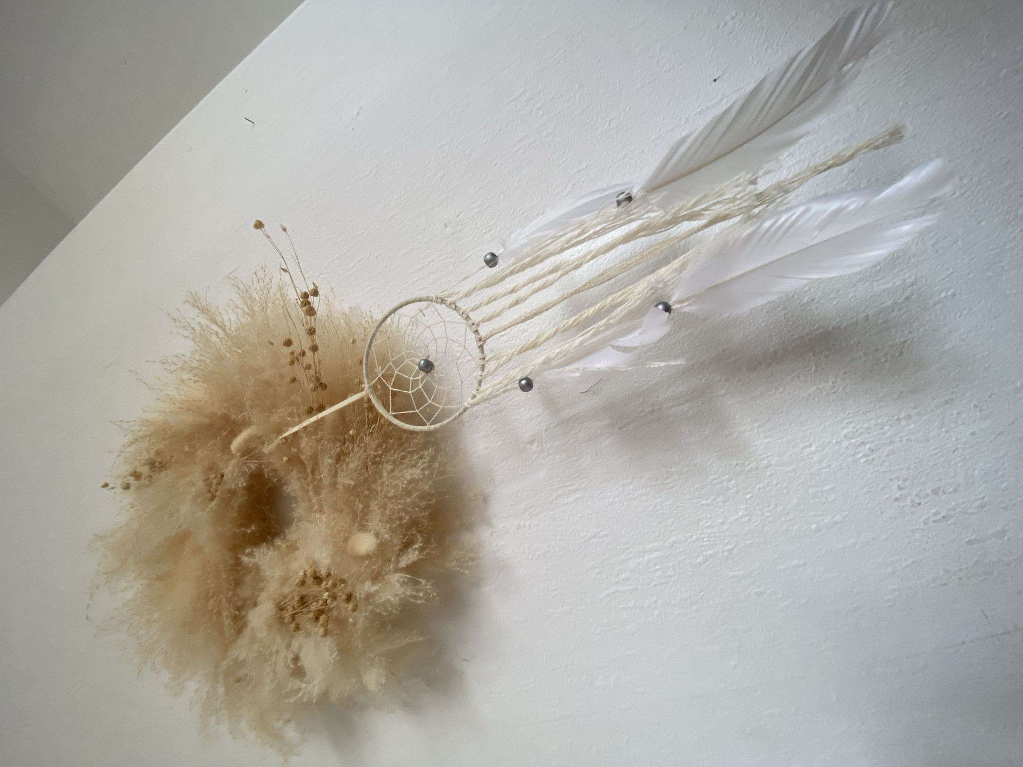 A dreamcatcher is hanging on a textured white wall. The dreamcatcher has a small, white circular hoop with a web pattern inside. From the hoop hang several strands of cream-colored twine, adorned with dark, spherical beads and white feathers. Above the dreamcatcher, attached to the wall, is a circular arrangement of dried grasses and small seed pods, giving a soft, textured appearance. The lighting is bright and diffuse, casting a faint shadow on the wall. The location is not identifiable within the city of Bad Sachsa, Germany, from the visual information provided.