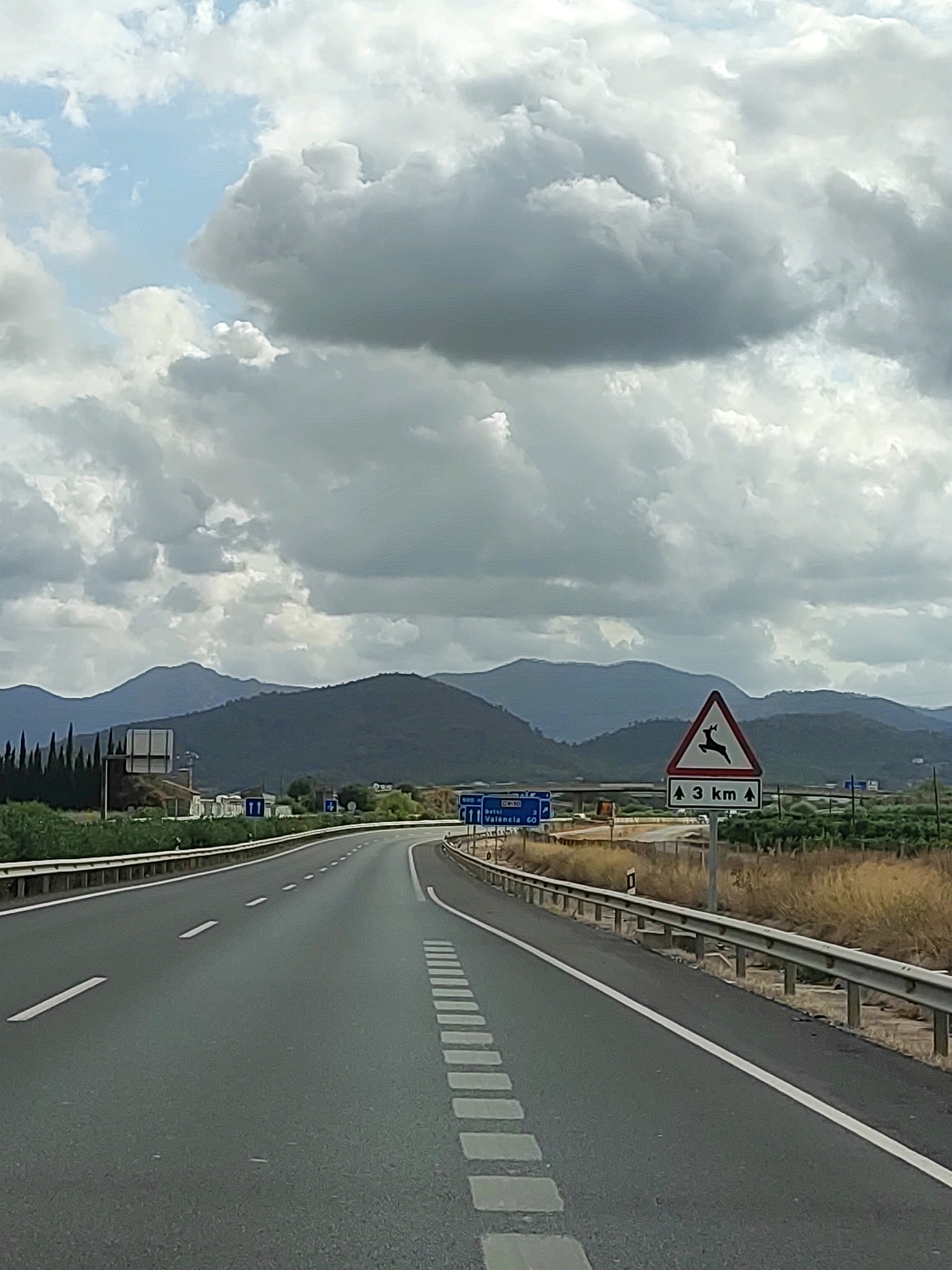A highway with multiple lanes curves gently to the right, with a gray asphalt surface marked with white dashed lines and solid white lines. On the right side of the highway, a metal guardrail runs along the edge, separating the road from dry, yellowish vegetation and green foliage. Further beyond the vegetation, distant, hazy mountains form the horizon under a sky filled with dramatic, gray and white clouds.
To the right of the highway, a white triangular sign with a red border warns of deer crossing, featuring a silhouette of a jumping deer. Below this sign, a smaller white rectangular sign indicates "3 km" with upward-pointing arrows on either side.
On the left side of the highway, several blue directional signs are visible. One sign shows "CV-10" and lists destinations "Betxi" and "Valenela" with distances of "60 km". Other signs also display directional arrows. Cypress trees are planted in a row to the left, behind which are some low-rise buildings and structures, including what appears to be a white sign on a pole. The overall environment suggests a rural or semi-rural setting on the outskirts of Onda, Spain, indicated by the presence of road signs with Spanish place names. The lighting suggests it is daytime, possibly overcast, given the cloud cover. No people are visible in the image.