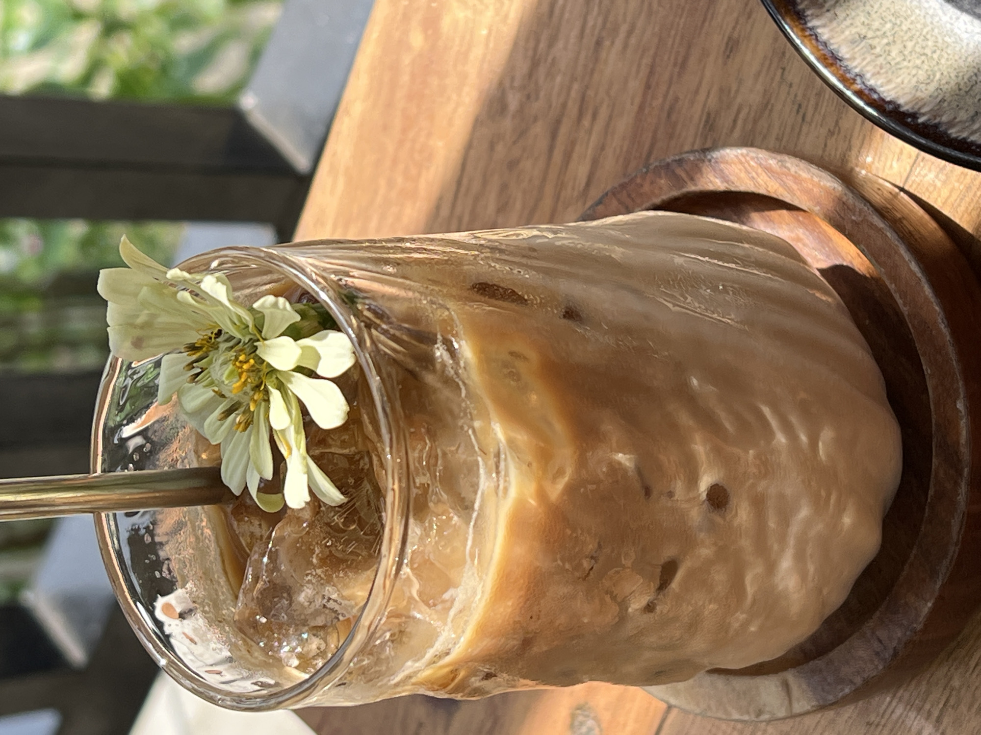 An iced coffee with a white flower on top is presented in a clear glass with a metallic straw. The glass rests on a wooden coaster, which is situated on a wooden table bathed in sunlight. In the background, a dark railing and lush green foliage are visible, suggesting an outdoor or semi-outdoor setting. The image is a close-up shot, focusing on the drink and its immediate surroundings. There are no people or discernible actions depicted in the scene. The location is not specified within the image itself.