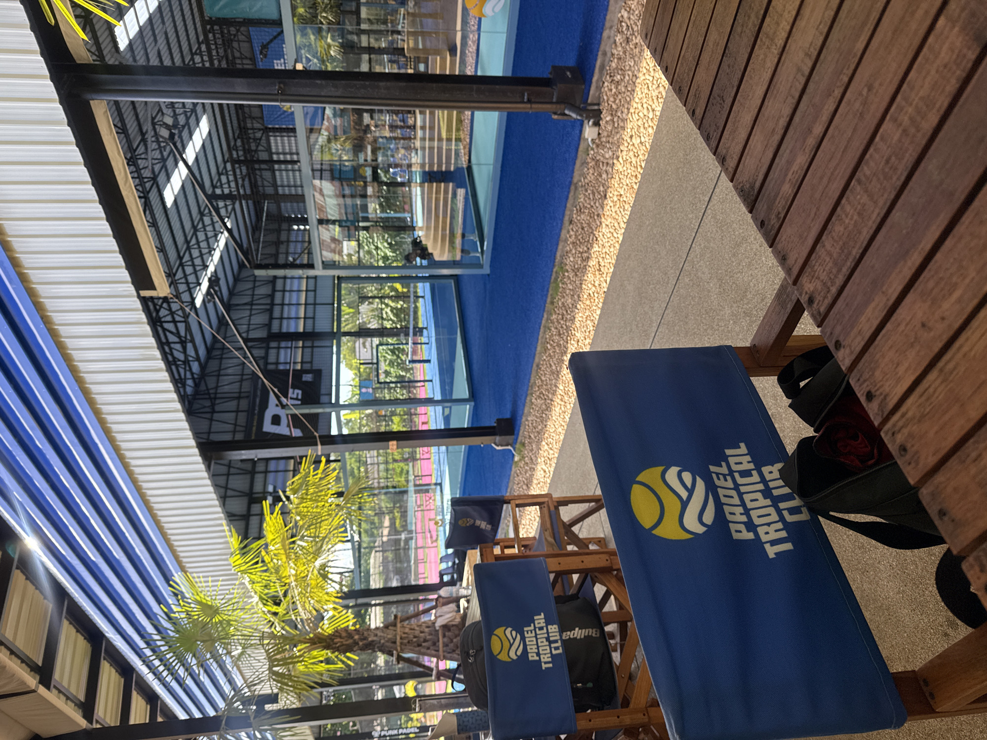 An outdoor seating area with several wooden chairs draped with blue fabric covers featuring a yellow and white logo that reads "PADEL TROPICAL CLUB". A wooden table is partially visible in the foreground. In the background, there are multiple indoor padel courts with blue and pink surfaces, enclosed by glass walls and metal structures. A palm tree with bright green fronds is situated to the left of the courts. Sunlight streams down from above, casting shadows. The scene appears to be at a sports club in Baan Bang Rak, Thailand.