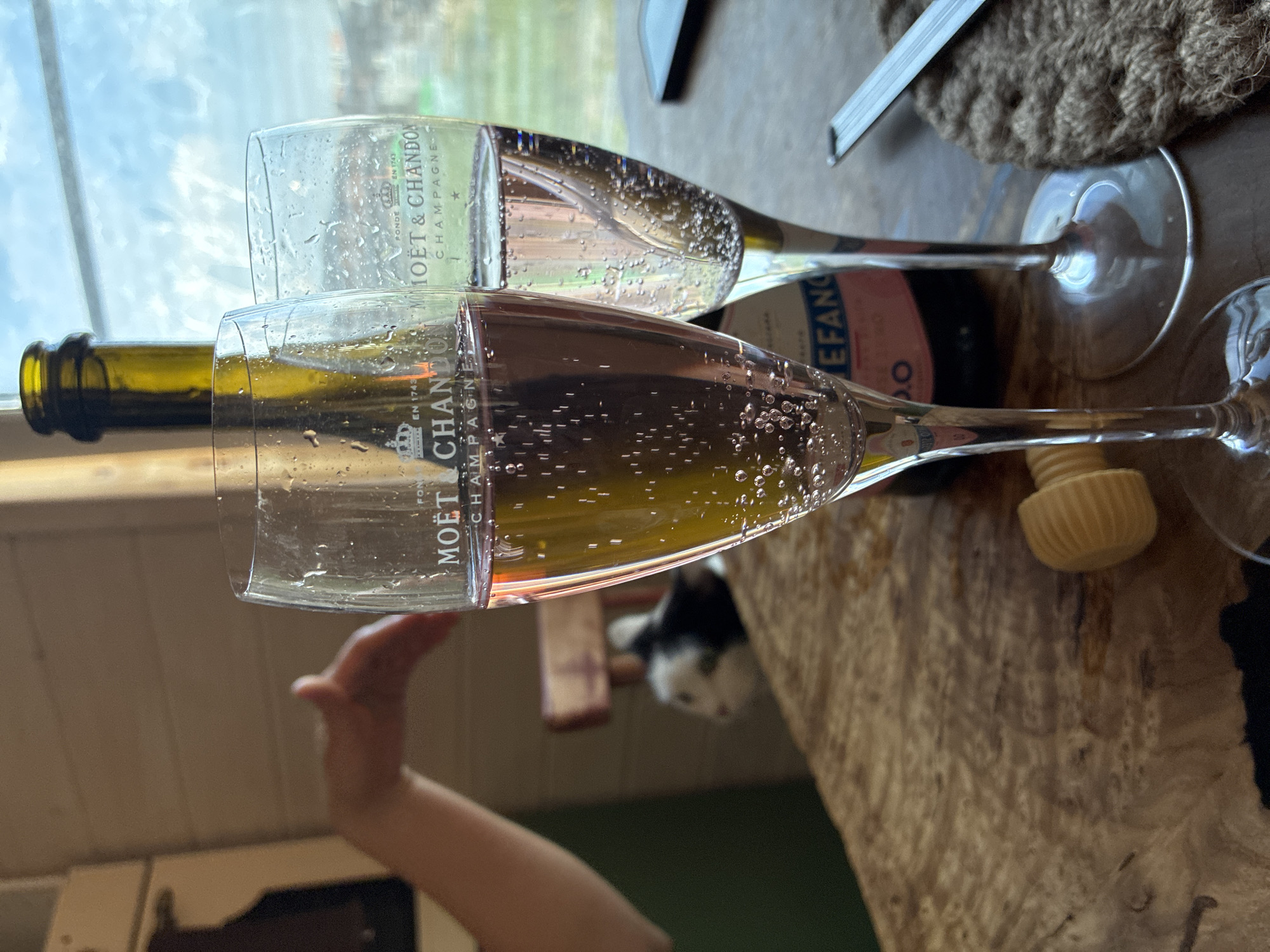 The image depicts a close-up view of two champagne glasses filled with pink champagne. Both glasses bear the "MOËT & CHANDON CHAMPAGNE" label. A bottle of champagne, also labeled "MOËT & CHANDON," is positioned behind the glasses. A cork from the bottle is visible on a wooden surface in the foreground. In the background, a person's arm is partially visible, and a small black and white animal, possibly a cat, is seated on a chair. The scene appears to be indoors, with natural light coming from a window in the background, suggesting a daytime setting. The overall impression is one of a celebratory occasion.