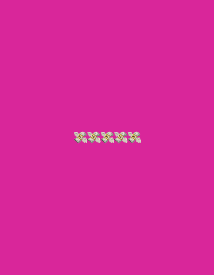 The image displays a vibrant, solid magenta background. Centered horizontally across the frame are six identical emoji-style illustrations of winged money stacks. Each stack of money is green with a yellow dollar sign ('$') prominently featured on its front, and white, feathered wings extend from either side. The six objects are evenly spaced in a straight line. There are no people, discernible scene or setting, or specific activity taking place. No time of day, weather conditions, or emotional cues are evident. The only visible text is the dollar sign on each money stack.