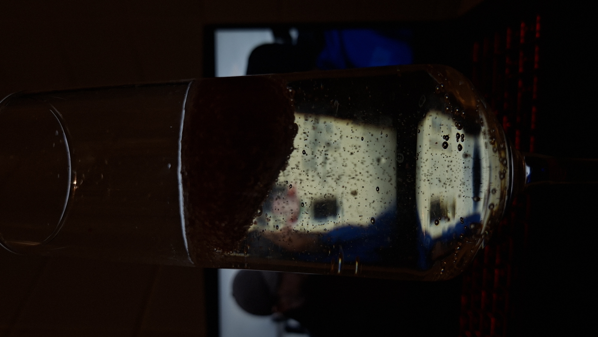 A horizontal close-up shot depicts a champagne flute containing a light yellow liquid with bubbles and a submerged strawberry. The glass is positioned in front of a television displaying a blurry image of a person in blue clothing. A dark object is behind the glass on the left, and red, textured lights are to the right. The scene is dimly lit. It is not possible to determine the location in the city of Забалоцкі сельскі Савет, Belarus from the image.