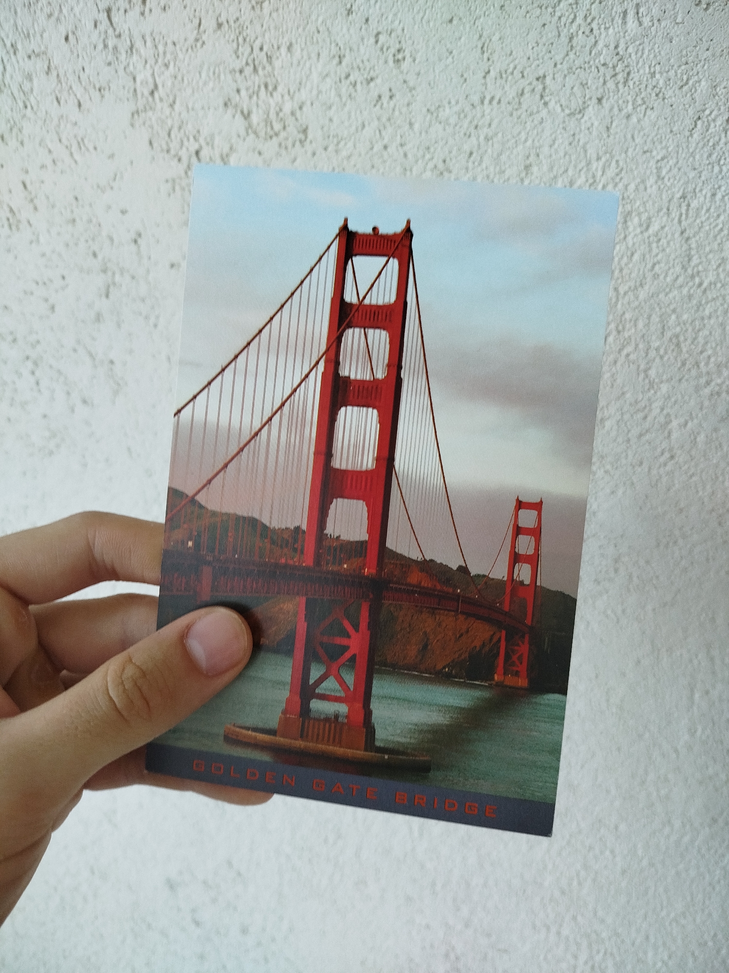 A hand holds a postcard of the Golden Gate Bridge in San Francisco, against a white textured wall. The postcard depicts the bridge in red, with its towers, cables, and the water beneath. The sky is a muted blue-gray. The words "GOLDEN GATE BRIDGE" are printed on the bottom edge of the postcard. No people are visible in the image other than the hand holding the postcard. The location is not Varna, Bulgaria, but appears to be indoors with a white wall behind the postcard and hand.
