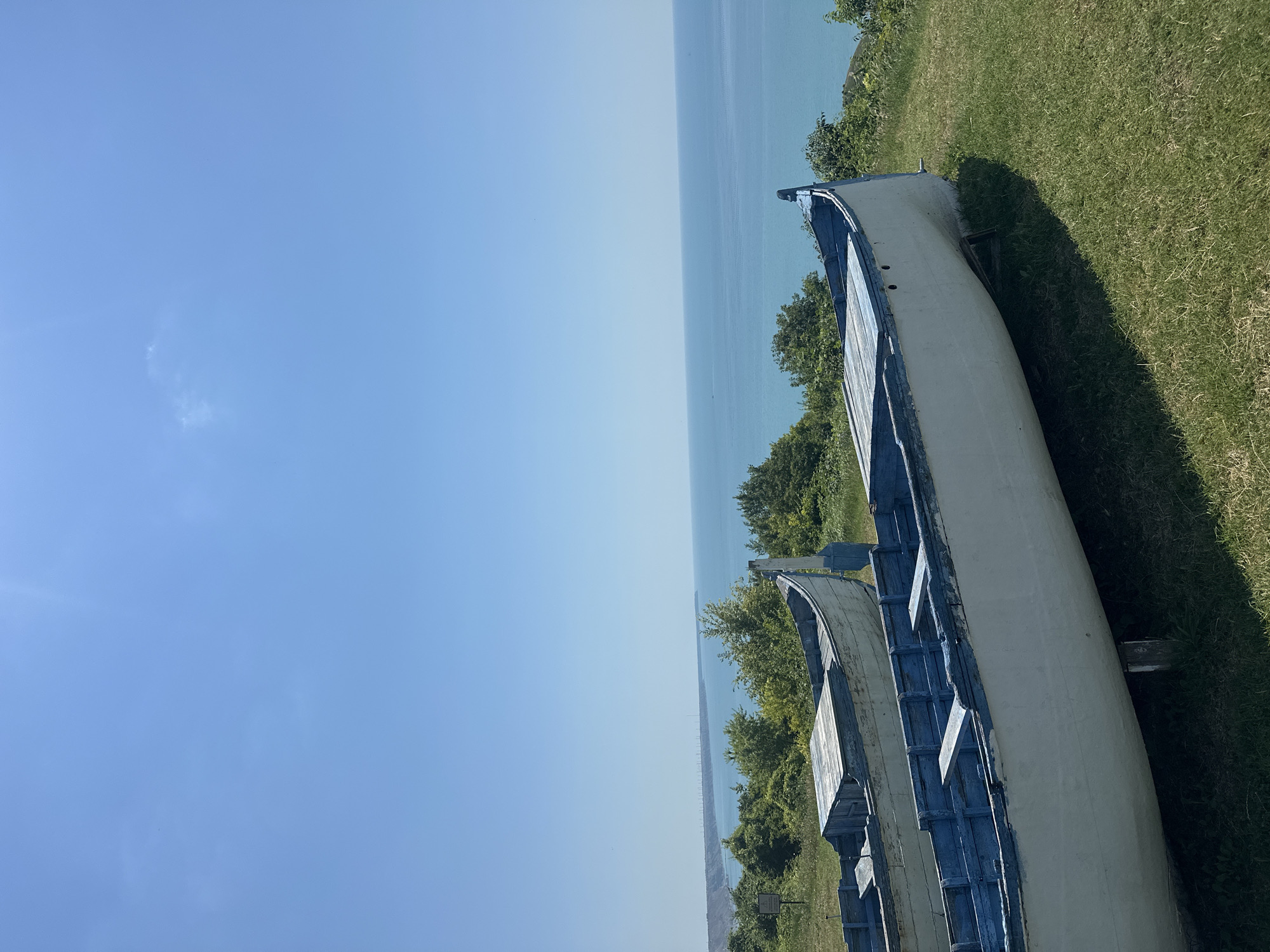 Two weathered, blue and white boats are resting on a grassy slope overlooking a calm, vast expanse of blue water. The boat in the foreground is larger and more prominent, its white hull and blue trim clearly visible against the green grass. Behind it, a second, similar boat is partially obscured. The water stretches to the horizon under a clear, bright blue sky, suggesting a sunny day. Lush green trees dot the landscape between the boats and the water's edge. The scene evokes a sense of tranquility and stillness, perhaps a quiet coastal area in the early morning or late afternoon. There is no visible text in the image.
