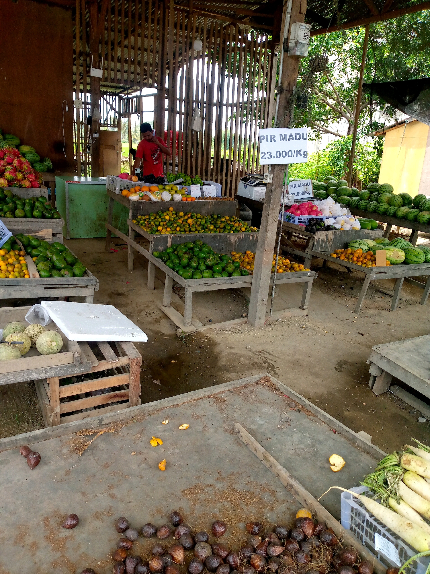 A street vendor in Keudebayu, Indonesia, stands behind a stall overflowing with produce. The vendor, a man wearing a red t-shirt, is speaking on a mobile phone while attending to his customers. In front of him, an array of fruits and vegetables are displayed on wooden shelves and tables, including watermelons, dragon fruit, avocados, oranges, and what appear to be salak fruits. Signs indicating prices, such as "PIR MADU 23.000/Kg," are visible, suggesting a bustling marketplace. The background reveals the open-air structure of the stall, constructed from wood and bamboo, and the lush green foliage of trees, characteristic of the Indonesian landscape. The ground is made of dirt and concrete, with scattered debris, indicative of an outdoor market environment.