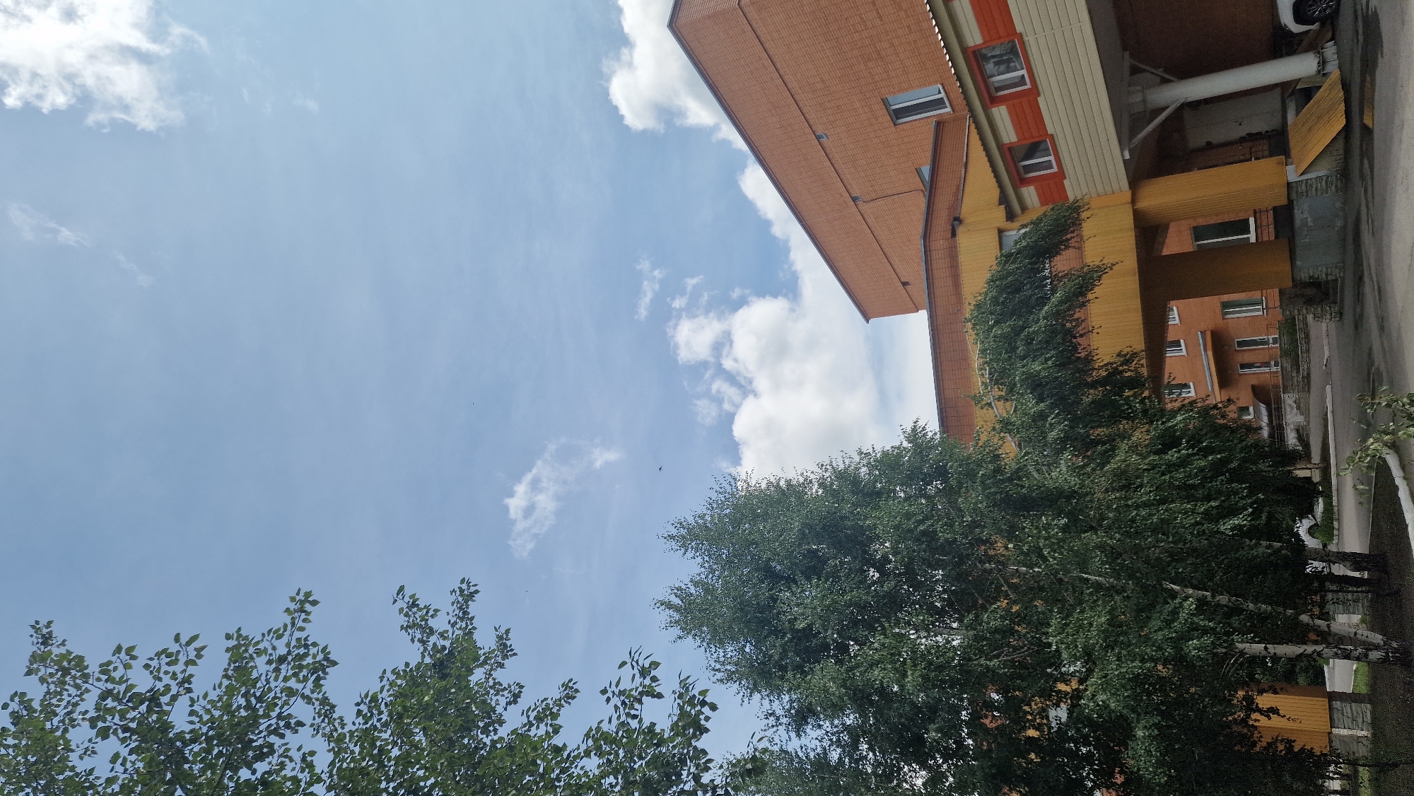 The image captures a view of a modern building, likely an educational institution or a healthcare facility, in Kostanay, Kazakhstan. The building is constructed with orange brick and features an unusual yellow architectural element connecting different sections. Several trees with lush green foliage are visible in the foreground and to the left, providing a natural contrast to the urban structure. The sky above is a bright blue, dotted with scattered white clouds, suggesting a pleasant, possibly sunny, day. A small bird can be seen in flight against the sky. The scene appears to be an exterior view, possibly from a street or parking area, with a ramp leading up to an entrance.