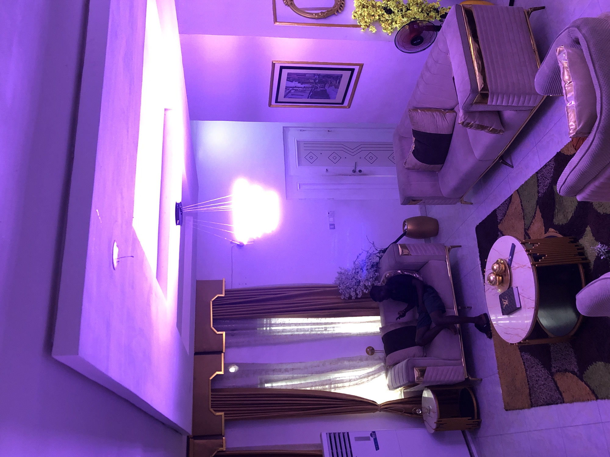 Here is a detailed description of the image:
The image depicts the interior of a living room, likely in Unknown, Unknown, based on the absence of distinctive geographical clues. The room features a modern design with a predominantly purple hue. Illumination is provided by a recessed ceiling light, which appears to be the primary source.
The furniture includes two plush sofas with gold trim, placed on opposite sides of a patterned rug. A round coffee table with a marble-like surface sits atop the rug. A person is reclined on one of the sofas, although their features are obscured by shadows.
The room's decor includes curtains, framed artwork, and what appears to be a decorative floral arrangement. A small fan is visible in the background. An air conditioning unit is also seen near the bottom of the frame. The image suggests a clean, well-maintained, and stylish living space.