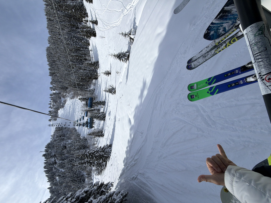 This image presents a first-person view from a ski lift ascending a snow-covered mountain in Les Allues, France. In the immediate foreground, the black safety bar of the ski lift is visible, displaying a worn white and grey patterned sticker. Suspended from the bar are two pairs of skis. The pair on the left features a distinct green and blue design, branded "DYNASTAR." The pair on the right exhibits a mixed pattern, with one ski showing a black and yellow design and the other a blue and white abstract pattern. To the left of the frame, a person's left arm, clad in a white ski jacket sleeve, extends forward, with the hand forming a "shaka" gesture (thumb and pinky extended).
The environment below consists of a wide, groomed ski slope covered in deep snow, showing numerous parallel ski tracks. Dense evergreen forests, with trees heavily laden with snow, flank the ski slope on both sides and extend up the mountain. In the middle ground, a series of blue-grey chairlift chairs are visible ascending the mountain along a steel cable. The sky above is largely clear and blue, with scattered white clouds. Long shadows stretch across the snow, suggesting specific sun angle.