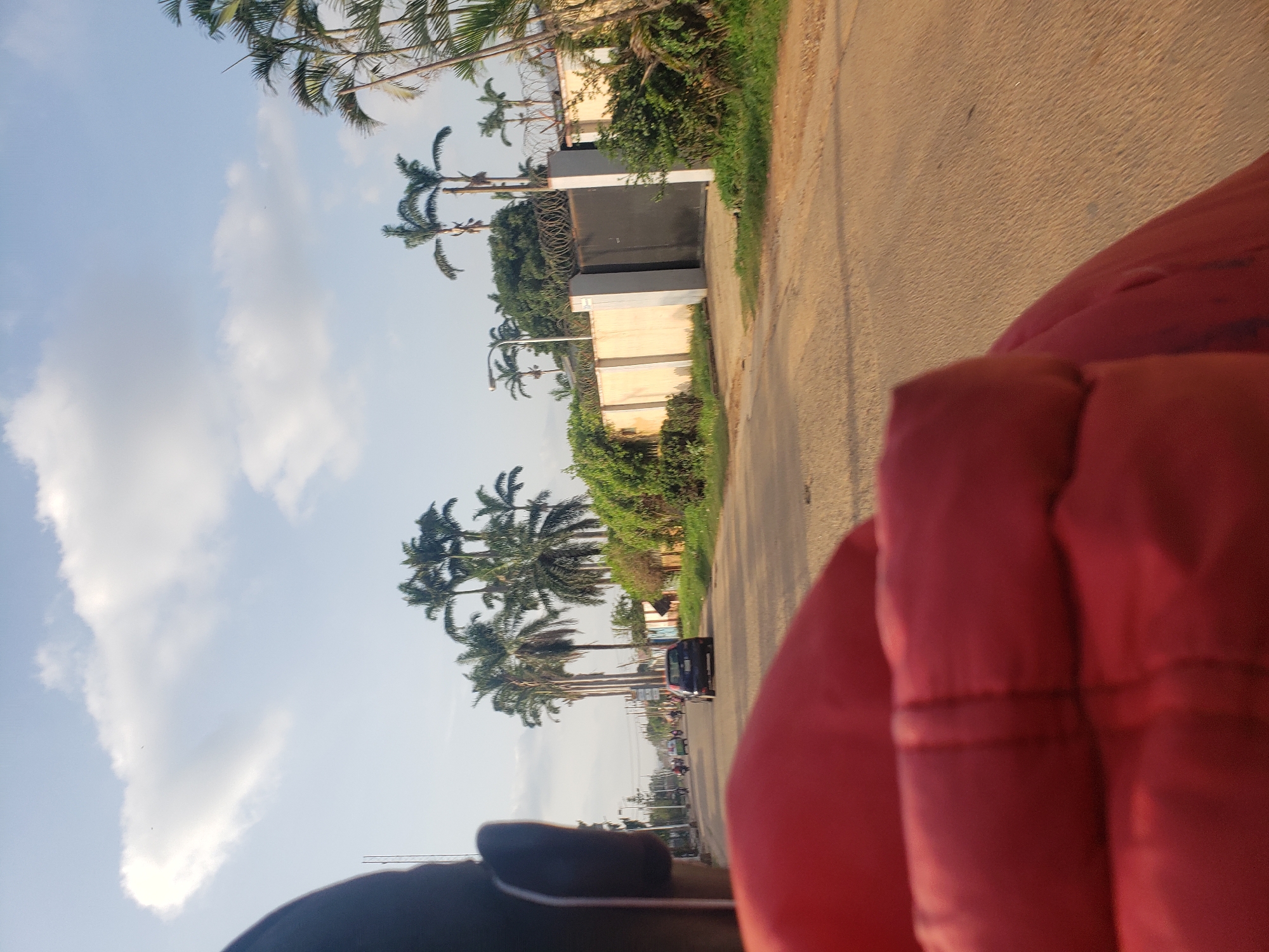 This image captures an outdoor scene from the perspective of a passenger in a vehicle, looking out onto a road in Narayi, Nigeria. In the immediate foreground, a significant portion of a bright red, padded material, likely a jacket or a seat cushion, fills the right side of the frame. A dark headrest or shoulder is visible in the lower left.
The main subject of the image is a paved road stretching into the distance under a bright daytime sky. To the left of the road, a prominent light-colored wall, possibly concrete or painted masonry, borders a property. A dark, imposing metal gate, topped with coils of barbed wire for security, is set into this wall. Abundant green vegetation, including bushes and numerous tall palm trees with slender trunks and leafy crowns, line the road and extend behind the wall. The bright blue sky with scattered white clouds fills the upper and left portions of the background.
Further down the road, traffic is visible, including a dark-colored car and several motorcycles. The lighting suggests it is daytime, possibly mid-morning or afternoon, with clear weather. The presence of numerous palm trees and the general environment are consistent with the provided location context of Narayi, Nigeria. There is no discernible text visible in the image.