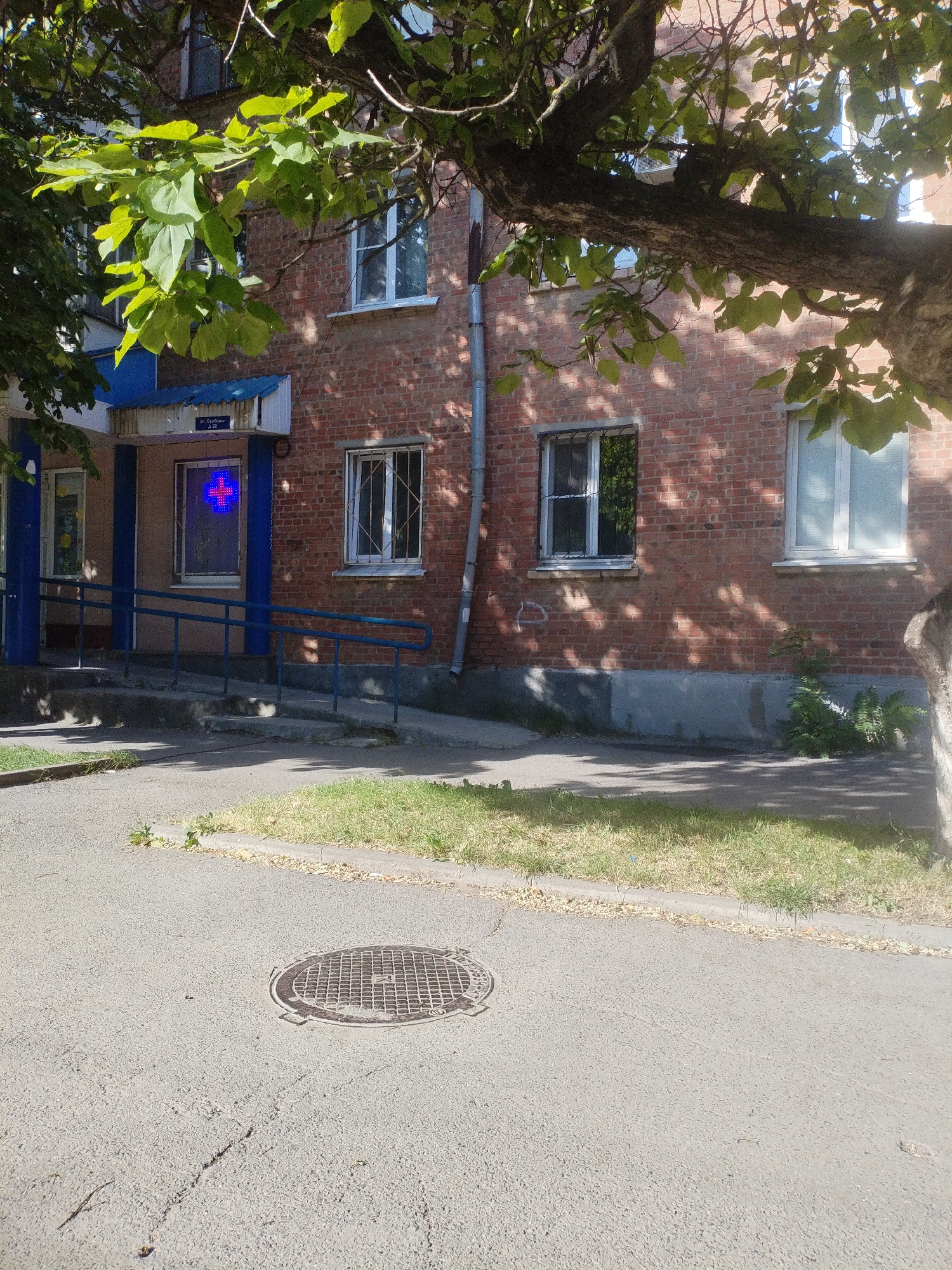 The image shows the exterior of a brick building in an urban setting. A tree with green leaves partially obscures the view of the building. The building has several windows, some with metal grates. A blue awning extends over the entrance, which features a blue and red illuminated sign that appears to be a pharmacy symbol. A blue railing leads up to the entrance, and a ramp is visible. In the foreground, a paved sidewalk is visible with a manhole cover. Green grass borders the sidewalk. The scene is illuminated by sunlight, casting shadows from the tree onto the building and pavement.