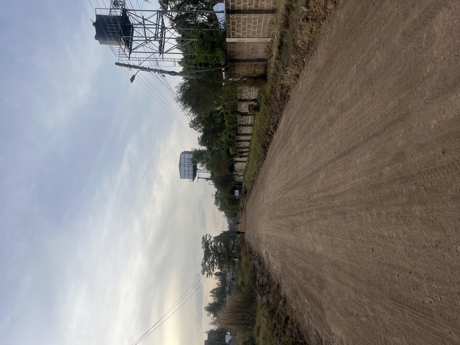 A long, dirt road stretches into the distance. A brick wall runs along one side, separating the road from green vegetation and trees. Power lines stretch across the sky above the wall and trees. Two large water tanks stand on metal scaffolding in the distance. The sky is overcast and partly cloudy. A solitary person is walking along the road.
