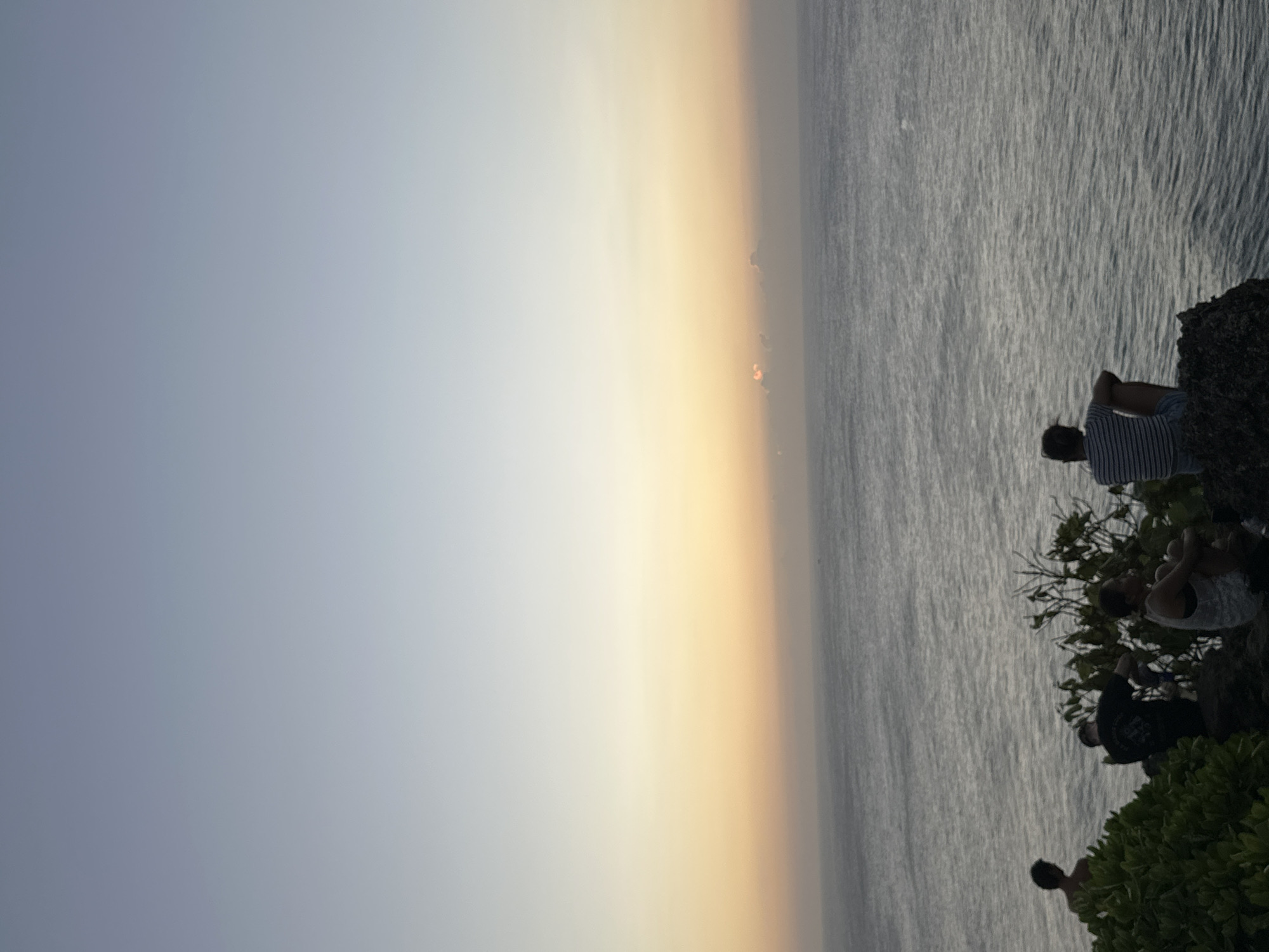 The image depicts a serene sunset scene overlooking the ocean from a cliff edge in Kuta Selatan, Indonesia. Four individuals are visible, positioned on the rocky terrain covered with green foliage. In the foreground, a person is seated on a rock facing the ocean, wearing a striped shirt and shorts. To their left, another person is seated, wearing a white tank top. Further to the left, two individuals stand near the edge of the cliff; one is partially obscured by greenery and appears to be shirtless, while the other is seen from behind, also shirtless. The expansive ocean stretches to the horizon, where the sky transitions from a pale blue at the top to soft hues of yellow and orange near the horizon, indicating the setting sun. A few small clouds are present near the horizon. The overall atmosphere is tranquil and contemplative.