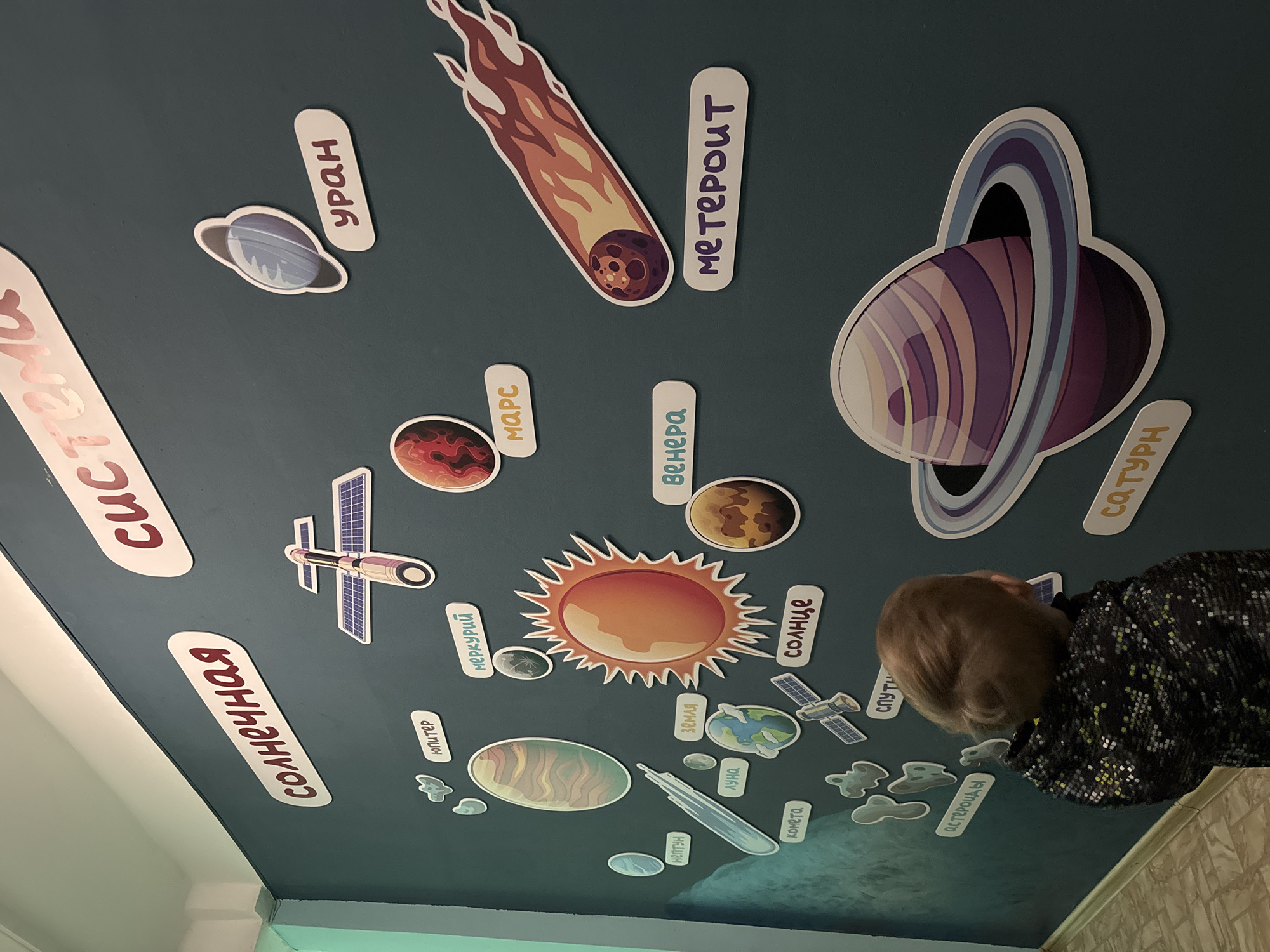 The image shows a decorated wall, likely in the city of Chaikovsky, Russia, given the presence of the Russian language. The wall is painted in a dark blue color and features a depiction of the solar system using cartoonish illustrations and labels written in Russian. The elements include: planets such as Saturn (САТУРН), Uranus (Уран), Mars (МАРС), Venus (Венера), Jupiter (Юпитер), Earth (земля), Mercury (Меркурий), and Neptune (нептун). There is also a depiction of the Sun (солнце), a comet (комета), asteroids (астероиды), a meteor (метероит), and a satellite (СПУТН). The words "Солнечная" (Solar) and "Система" (System) are also written on the wall. A person with light hair and wearing a dark patterned shirt is partially visible in the bottom right corner of the image.