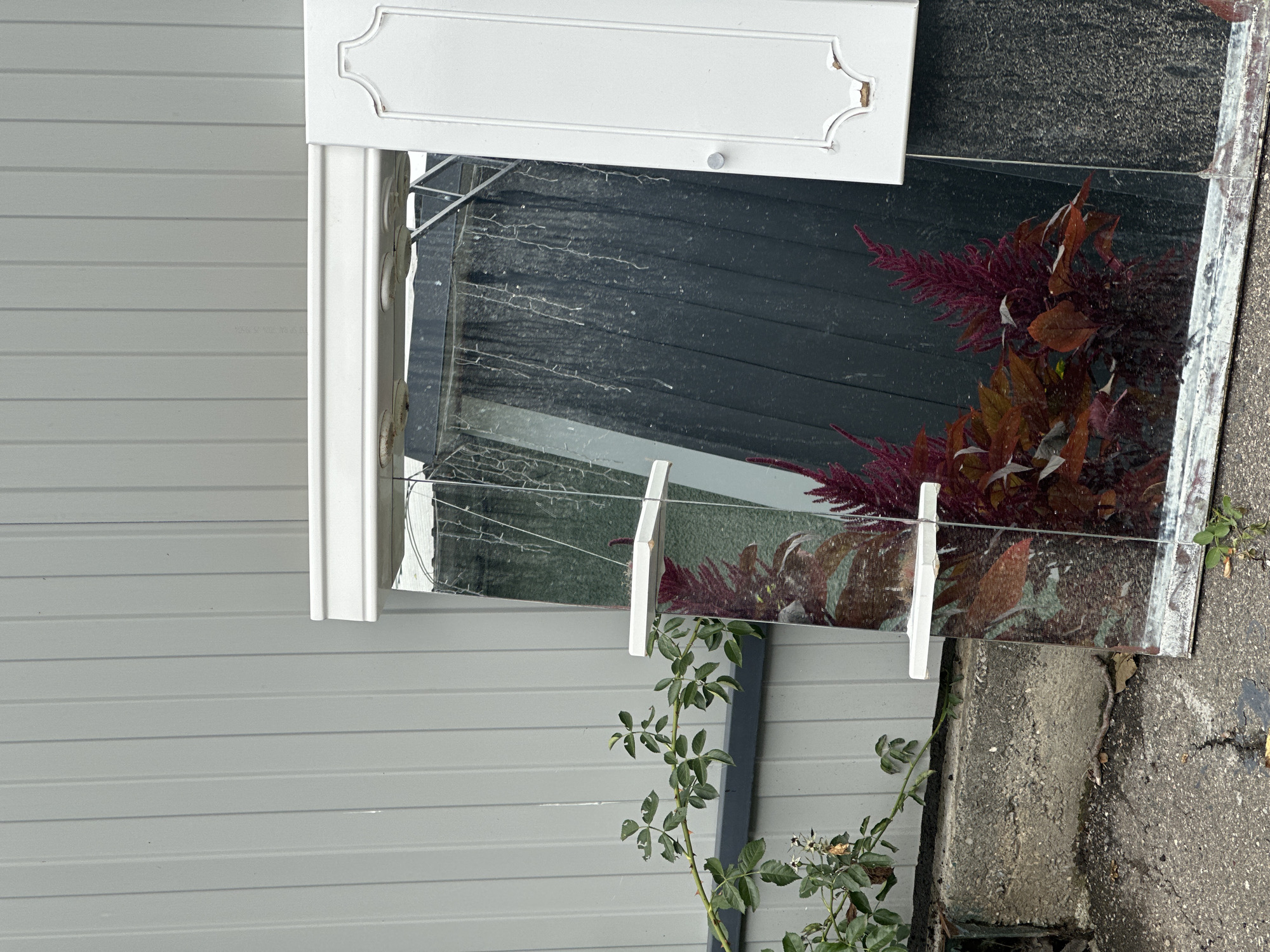 An outdoor scene in Yessentuki, Russia, shows a leaning, full-length mirror cabinet against a gray, corrugated metal wall. The mirror reflects a dark, textured surface, possibly a building or fence, with dangling strings of lights. Two white shelves are attached to the front of the mirror, and a portion of a white cabinet door with decorative molding is visible on the right side. In the foreground, a green-leafed plant with thorny branches grows from the left, and to the right of the mirror, a bush with deep red, feathery foliage is reflected. The ground beneath is asphalt with cracks and some debris, and a concrete block structure is visible to the left. The overall impression is one of an abandoned or disused outdoor space.