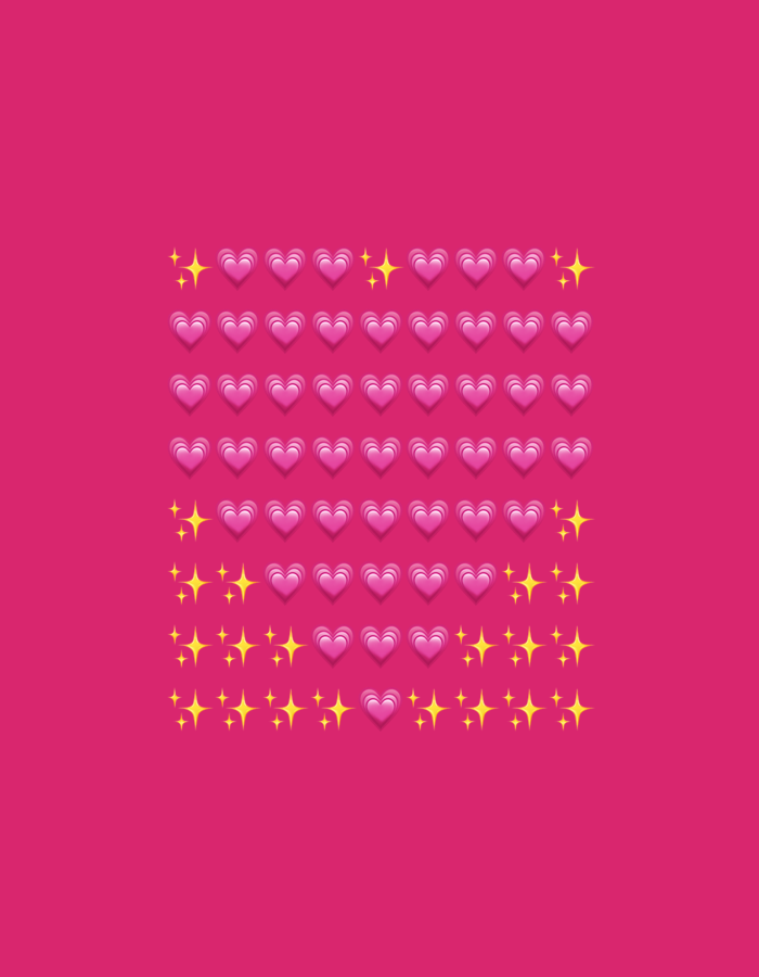 The image displays a graphic composed of pink heart emojis (💖) and yellow sparkle emojis (✨) arranged against a solid, vibrant fuchsia background. The emojis form a central, grid-like pattern consisting of seven rows and ten columns.
The top section of the arrangement is dominated by heart emojis. The first row features a yellow sparkle emoji on either end, enclosing eight pink heart emojis. The subsequent three rows (rows two, three, and four) are entirely filled with ten pink heart emojis each. The fifth row follows the pattern of the first, with a sparkle at each end surrounding eight hearts.
The bottom two rows (rows six and seven) show a more intricate mix of both emoji types. Each of these rows contains three pink heart emojis, interspersed with yellow sparkle emojis. The pattern for these rows is approximately "sparkle, sparkle, heart, sparkle, sparkle, heart, sparkle, sparkle, heart, sparkle."
The hearts are rendered in a soft pink hue with subtle shading, while the sparkles are a bright yellow. The fuchsia background is uniform and provides a striking contrast, enhancing the visual pop of the emojis. The overall aesthetic is cheerful, digital, and conveys sentiments of love, happiness, affection, or celebration. There is no visible text. The graphic does not depict a real-world scene or provide any specific location cues related to Dunavtsi, Bulgaria.