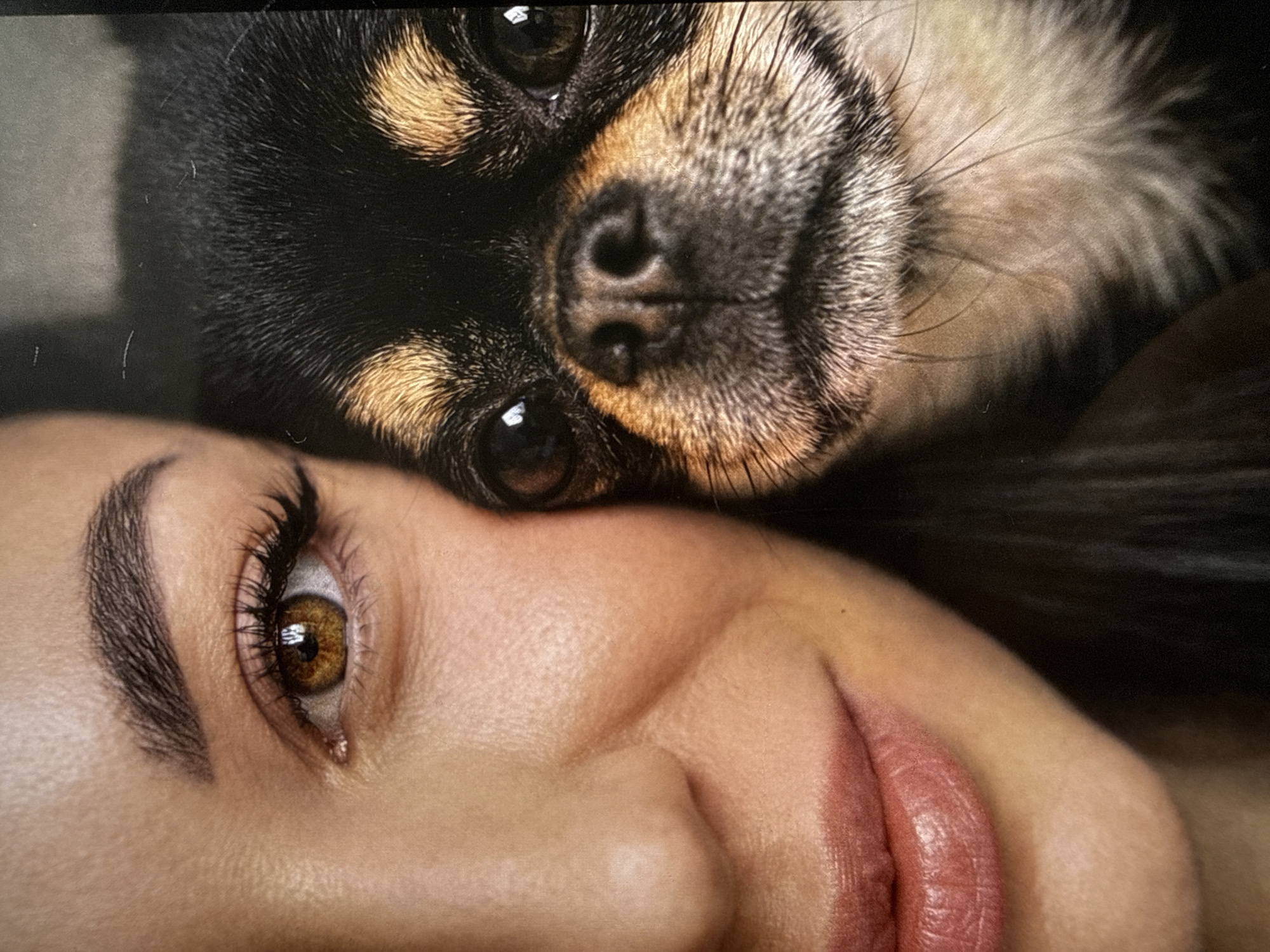 A close-up, over-the-shoulder photograph shows a person's left eye, part of their cheek, and mouth, positioned to the left of a chihuahua's face. The chihuahua is black and tan with large, dark eyes and a prominent nose. The person's eye is brown with full eyelashes, and their lips are painted with a muted pink lipstick. The background is dark and out of focus. The image does not provide any information that would allow for a determination of the location in the city of Летний Отдых, Russia.