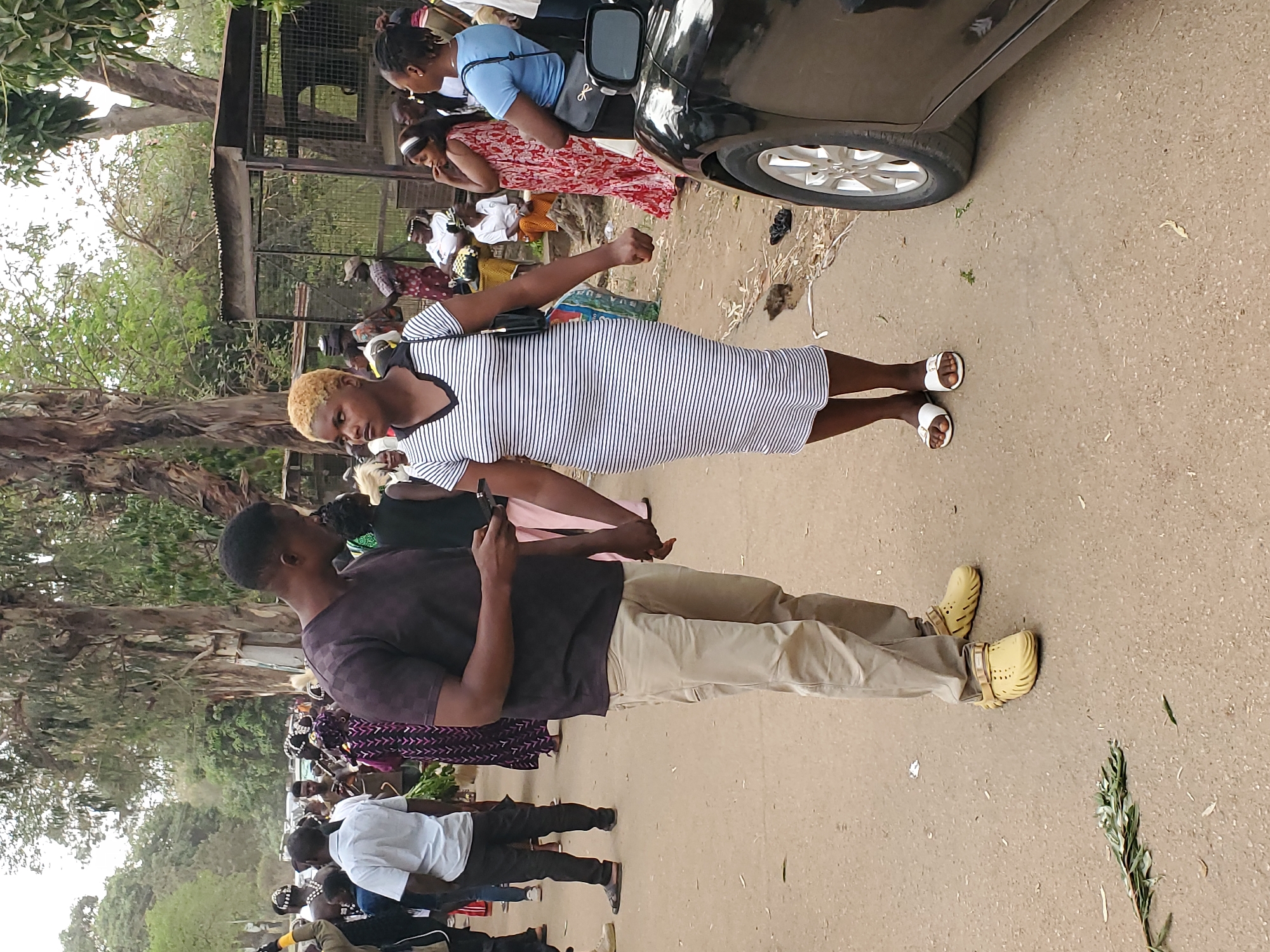 The image captures an outdoor scene in Jos, Nigeria, depicting a gathering of people on what appears to be an unpaved or dirt road. The background is characterized by numerous large trees and dense foliage, indicating a green, possibly semi-rural or park-like setting.
In the foreground, a young woman with distinctive blonde hair stands, wearing a white and black striped short-sleeved dress and white open-toed sandals. She is looking towards her right. Beside her, a man is seen in profile, dressed in a dark purple/brown t-shirt, light brown/khaki pants, and bright yellow clogs or shoes. He is holding a smartphone in his right hand, seemingly using it.
Behind these two individuals, a crowd of people is visible, some standing and others possibly seated further back. A black car is parked on the right side of the road, and two women are seen near it—one in a red patterned dress leaning against the vehicle, and another in a light blue top. The attire of the people is casual and varied. Scattered leaves and small debris are visible on the ground.
The scene suggests a public gathering, perhaps a market day, a social event, or simply a busy street. People appear to be congregating, moving, and interacting. The lighting indicates it is daytime, with diffused light suggesting an overcast sky or shade from the trees. No strong emotions are overtly expressed by the individuals, and no discernible text is visible anywhere in the frame.