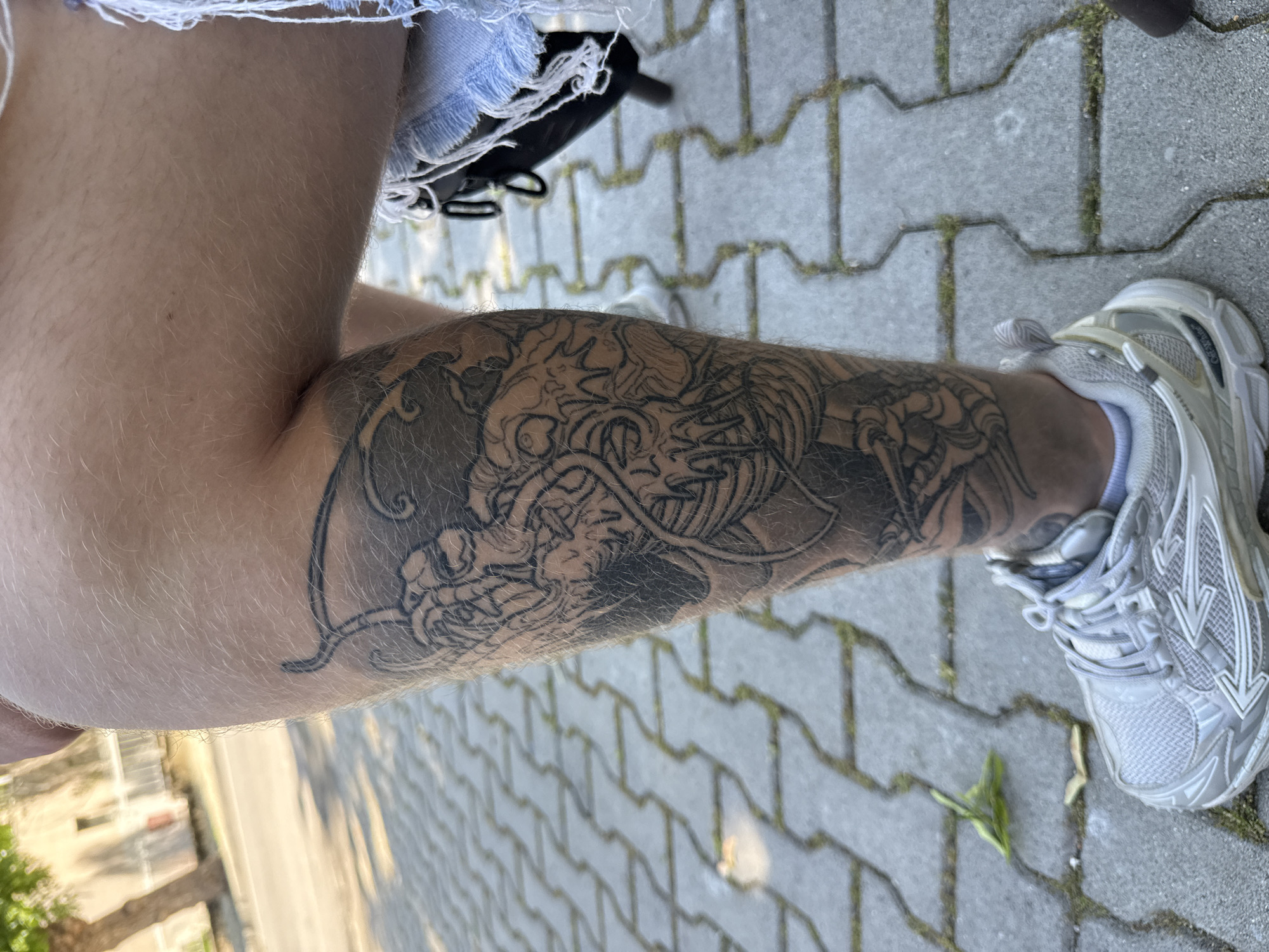A person with a detailed black ink tattoo of a dragon on their lower left leg stands on a gray, concrete interlocking pavement. The person is wearing ripped blue denim shorts and a white sneaker with a white sock. The background suggests an outdoor setting, possibly a street or sidewalk in Elhovo, Bulgaria. A portion of a street is visible in the lower left.