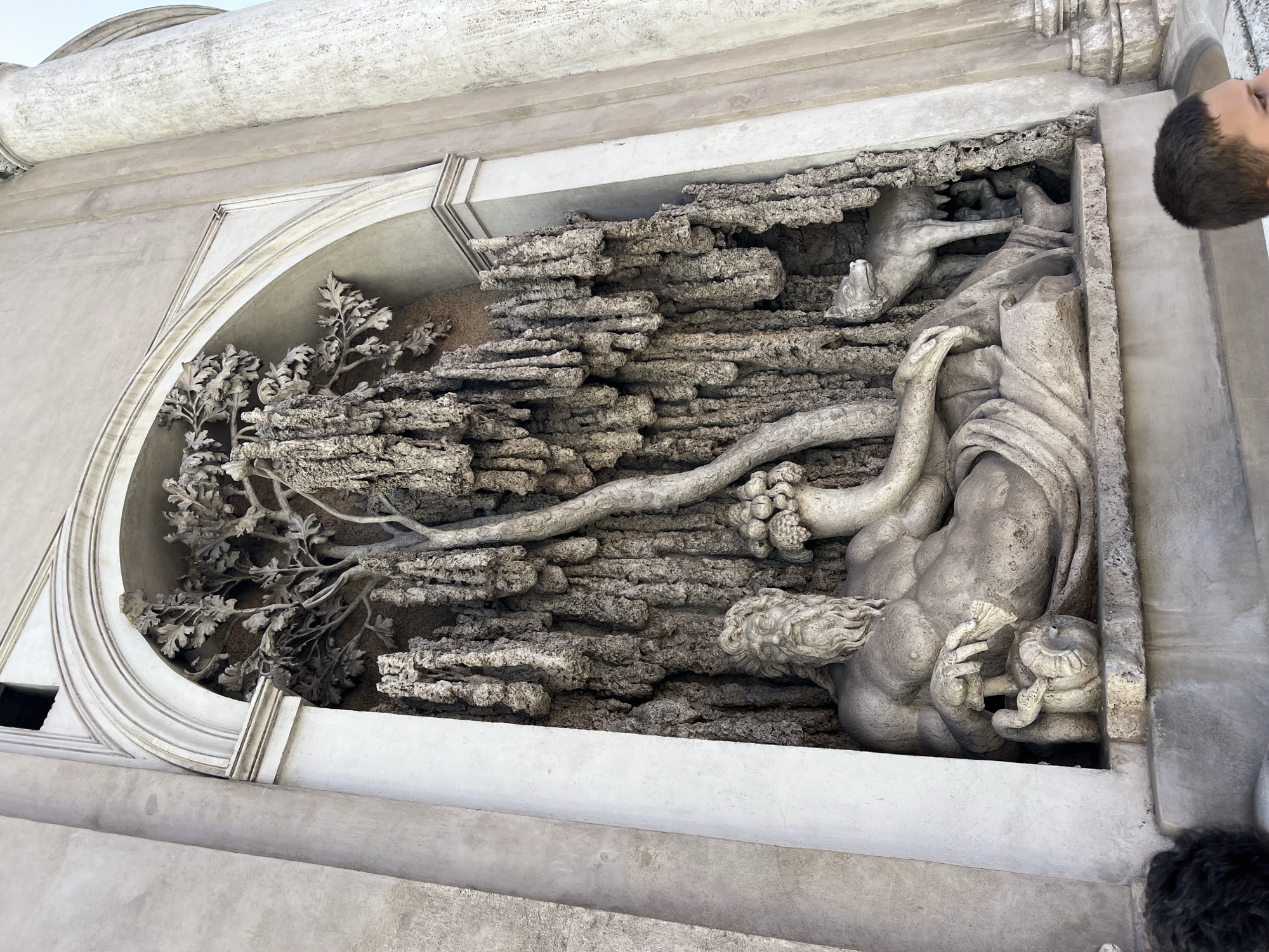 This media file captures a detailed stone relief sculpture integrated into a building facade, likely part of a fountain or monumental decoration in Rome, Italy. The sculpture is set within a deep, rectangular niche, framed by classical architectural elements including an arch on the left and cornices above.
The central subject is a powerful, muscular male figure, partially draped, who appears to be in a dynamic pose. His arm is raised, and his hand clutches a long, twisted object that resembles a gnarled branch or a serpentine creature, possibly entwined with grape-like clusters or fruit. The figure's head, with flowing hair, is visible near the bottom right of the sculpture. Above and slightly behind this main figure, another animalistic form, possibly a lion or a wolf, is depicted in mid-action, seemingly grappling or interacting with the scene.
The background of the niche is filled with rough, textured stone resembling natural rock formations, creating a grotto-like effect. On the left side, within an arched section, a sculpted tree with intricate leaves and branches adds to the naturalistic setting.
The sculpture is made of weathered stone, likely marble or travertine, showing signs of age and exposure to the elements. The bright, clear lighting suggests it was photographed during the daytime. In the top right and bottom right corners, parts of human heads are visible, indicating people observing or passing by the artwork. No visible text is present in the image. The overall impression is a dramatic and mythological scene, characteristic of Baroque-era Roman art.