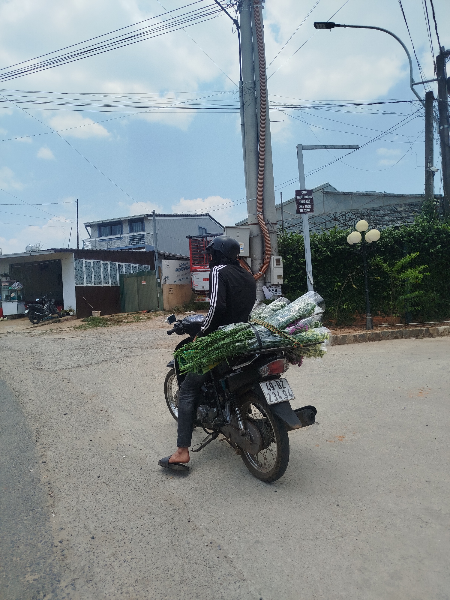 A street scene in Cam Ly - Đà Lạt, Vietnam, depicts a man on a motorcycle, viewed from behind. He wears a black helmet and a black jacket with white stripes on the sleeves. A large bundle of flowers is strapped to the back of the motorcycle. The license plate reads "49-B2 234.94". He is wearing slides on his feet. The road is paved and shows signs of wear.
In the background, there are buildings, power lines, and a street light. Signage is visible, including one that appears to advertise room rentals ("CHO THUÊ PHÒNG THEO GIỜ"). A small business or food stall can be seen in the distance. Vegetation is present alongside the street.