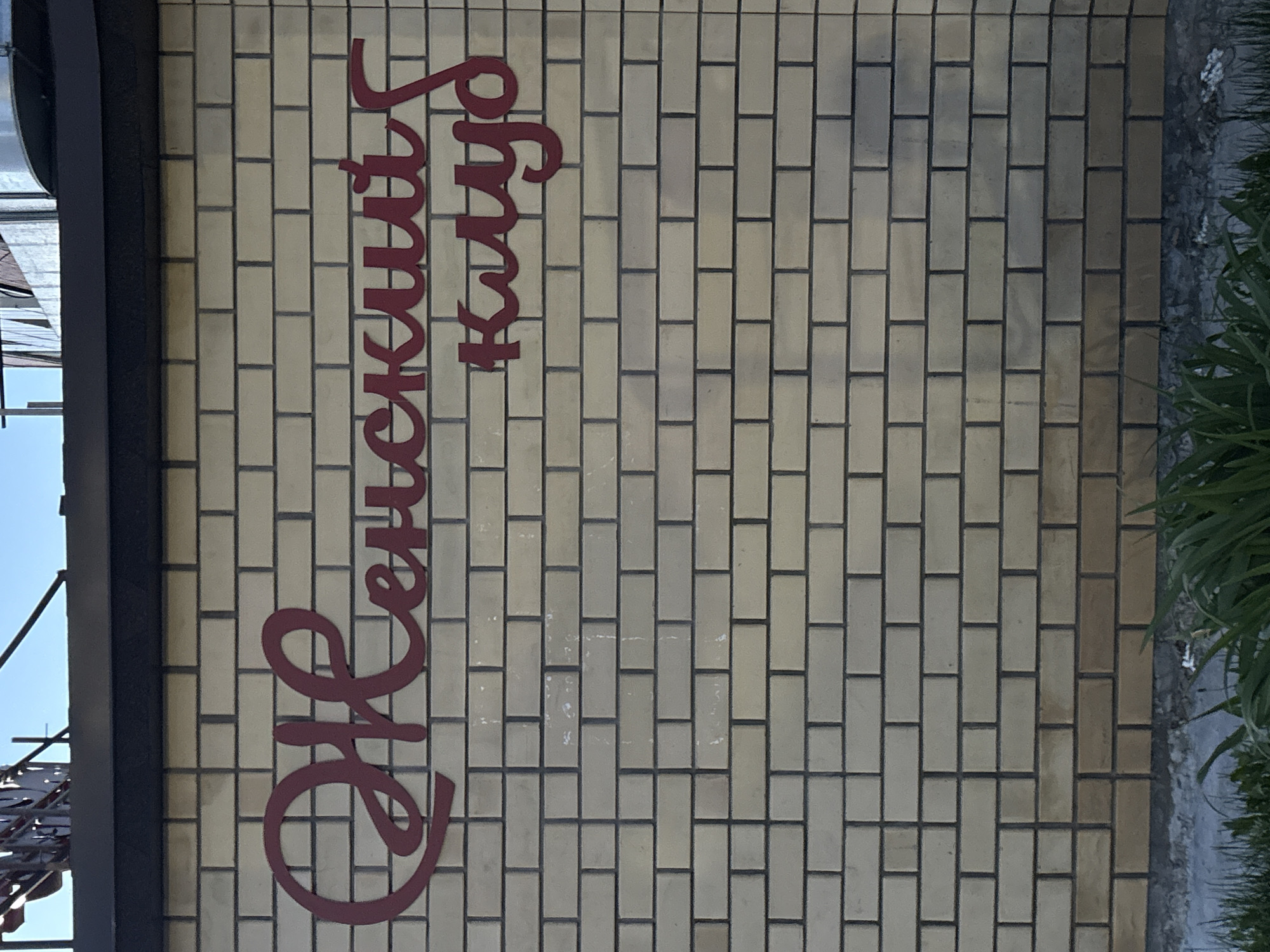 The image shows a brick wall with the inscription "Женский Клуб" (Women's Club) in cursive red lettering. The wall appears to be part of a building facade. Some green plants are visible on the right side of the image. The image was taken in Perm, Russia.