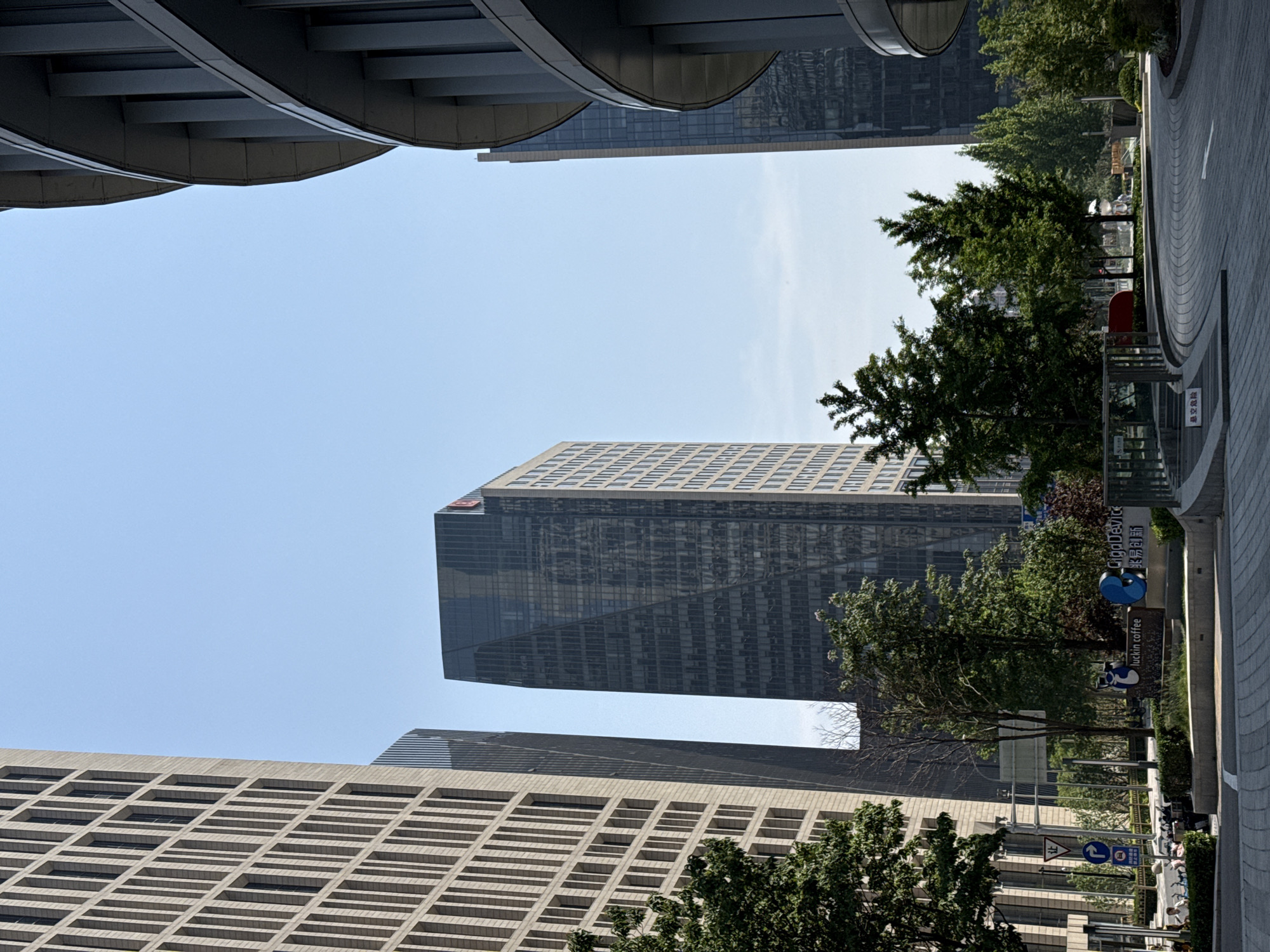 The image shows a view of the Chaoyang District in China, framed by modern architecture. The sky is clear and blue. In the foreground and background, parts of buildings with repeated rectangular patterns are visible. A taller, darker glass building stands in the middle ground. Trees and greenery line a sidewalk and street to the right. A sign is visible advertising "luckin coffee". The image appears to be taken from a slightly low angle looking upward.