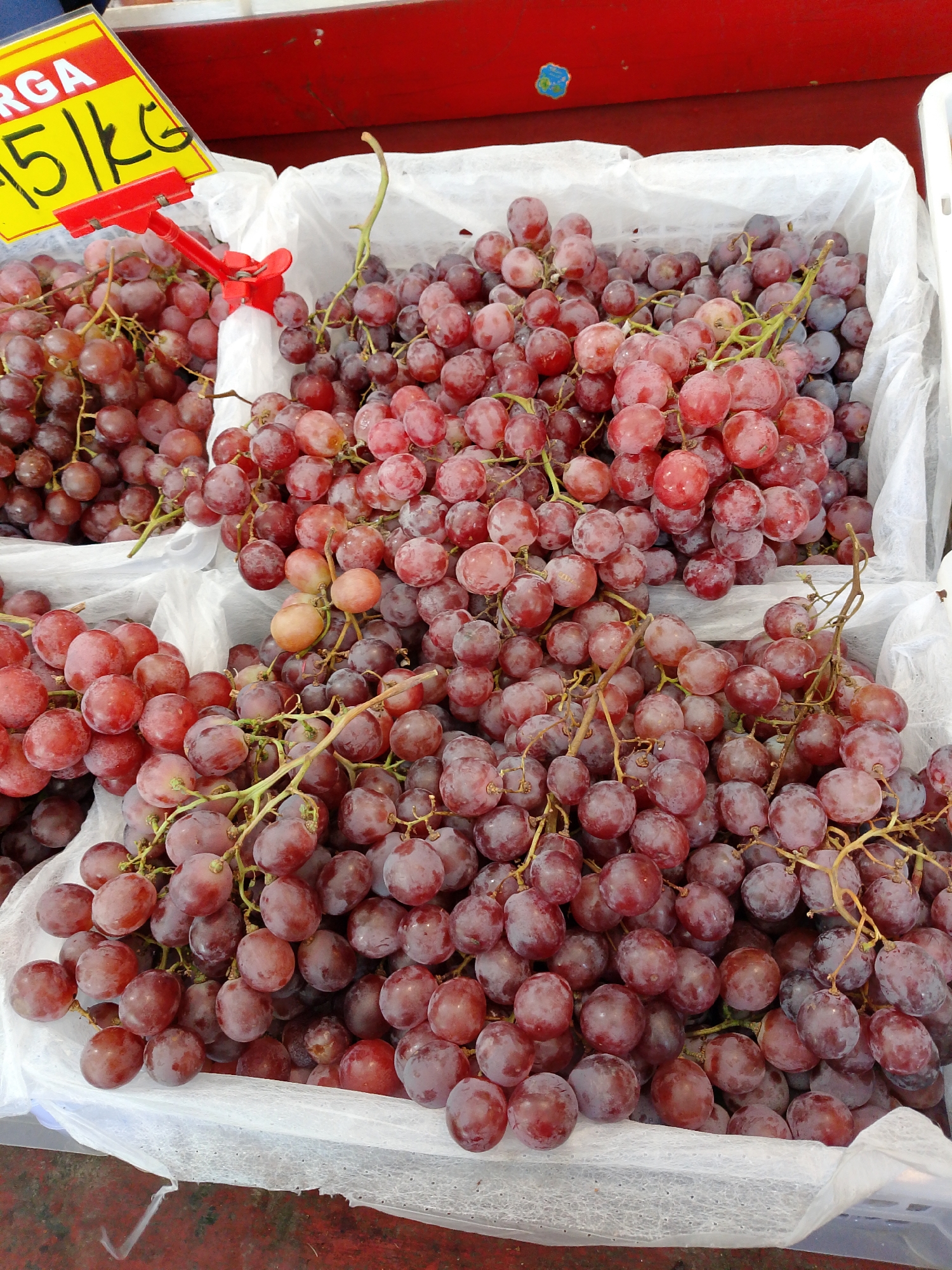 A close-up, overhead shot captures two white plastic crates filled with red grapes. The crates are lined with white material, possibly paper or plastic sheeting, and are situated at a market stall. A yellow price tag with red text reading "RGA 15/KG" is visible in the upper left corner, attached to a red clamp that is clipped to the edge of the crate. The grapes are clustered together on their vines, with some vines extending beyond the crates. The background shows a red surface, likely the market stall itself. The lighting suggests an outdoor or well-lit indoor setting. The scene depicts a produce display at a market.