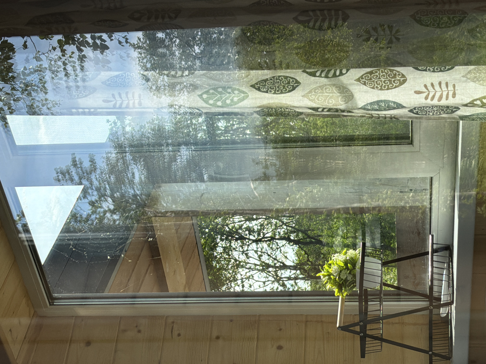 This image captures a view through a window in a room with light-colored wooden walls. The window looks out onto a lush green environment with trees and foliage visible. A patterned curtain, featuring leaf designs in green and beige, hangs on the right side of the window. On the windowsill, a dark, tiered metal organizer holds a white planter with a green artificial plant. The window glass reflects the outdoor scene and the interior of the room, including some dust on the glass. The overall setting suggests a cozy interior with a connection to nature outside. The location in the city of Novy, Russia, is not directly discernible from the visual elements in the image.