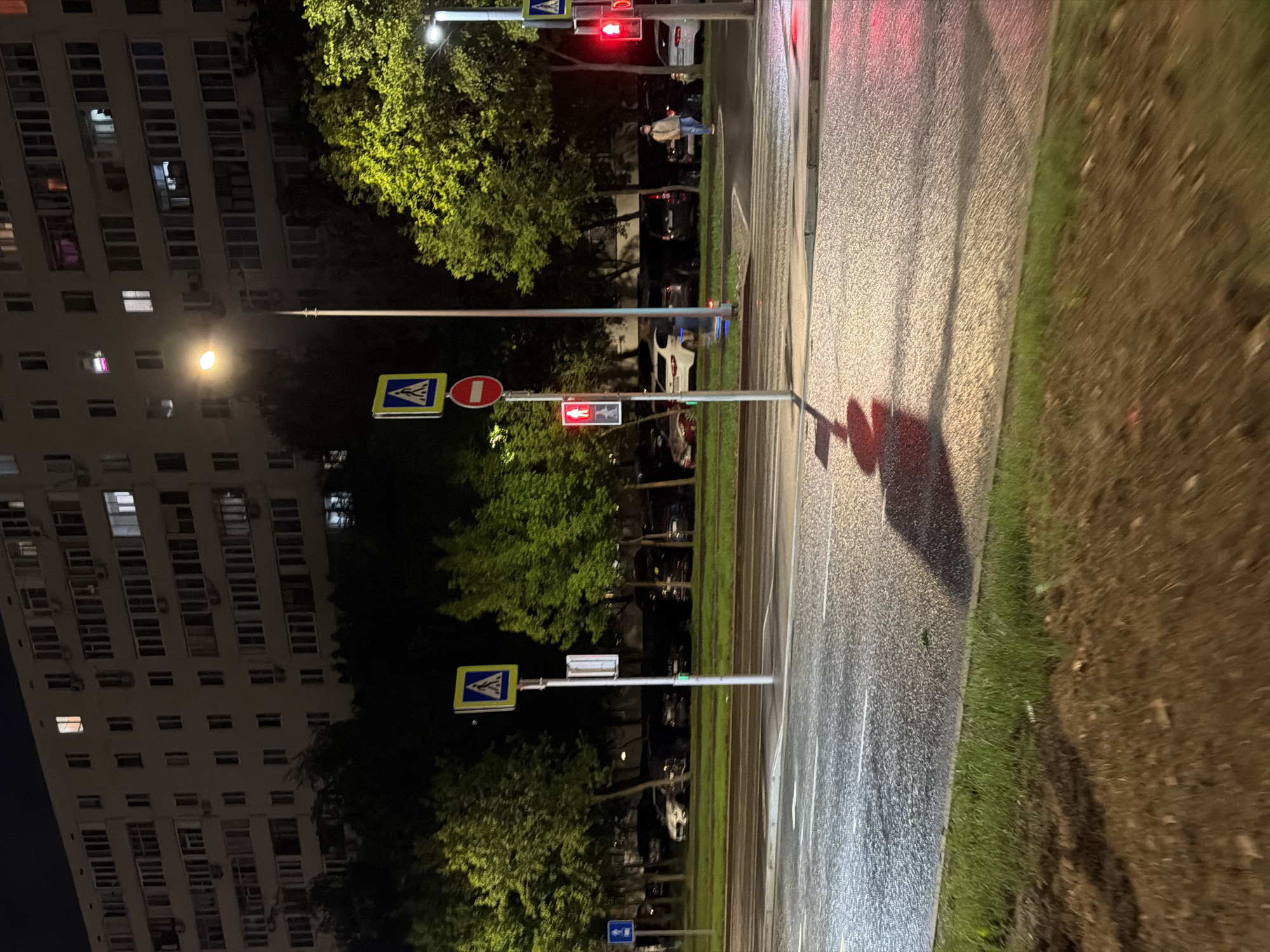 The image depicts a rainy street scene at night. A tall building with numerous windows is on the left. Streetlights illuminate the scene, casting shadows on the wet pavement. Pedestrian crossing signs are visible along the sidewalk, along with traffic lights showing red. A person is seen crossing the street in the distance. The scene appears to be in a city, possibly Moscow, Russia, given the architectural style of the building and the street signs.