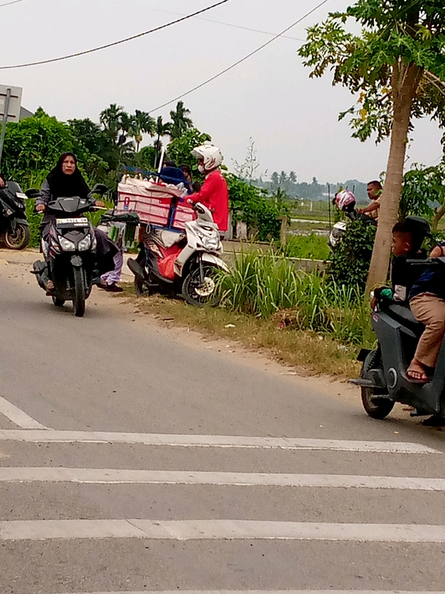 The image depicts a roadside scene in Mesjid, Indonesia, on an overcast day. In the foreground, a crosswalk with white stripes is visible on a paved road. To the left, a person wearing a black hijab rides a dark-colored scooter. Behind this scooter, another dark-colored scooter is parked, with a person in a purple garment bent over it. To the right of the first scooter, a white scooter is stopped, with a person in a red shirt and white helmet pushing a cart laden with what appear to be packaged goods. Further to the right, a child wearing a dark shirt and tan pants is seated on the back of a dark scooter, facing away from the camera. Behind the child, another person is partially visible. The background features lush green vegetation, including palm trees and tall grasses, and a hazy sky.