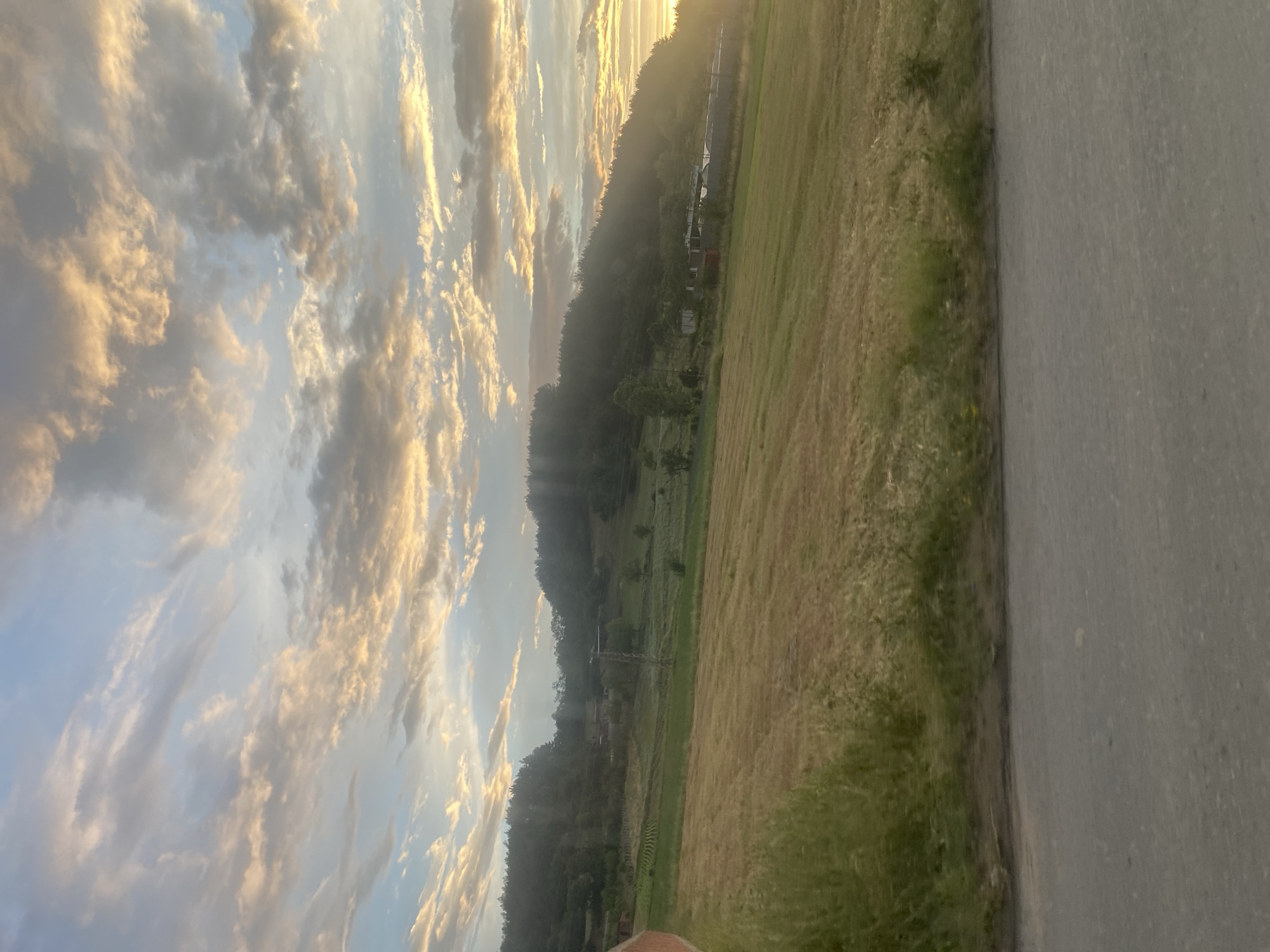 The image depicts a rural landscape near Ablanitsa, Bulgaria, during what appears to be sunset. The sky is filled with scattered clouds, tinged with warm, golden hues from the setting sun, contrasting with patches of pale blue sky. Below the sky, a densely forested hillside dominates the background, with a lighter green field or meadow situated in the mid-ground. Further down, closer to the foreground, is a field of dry, golden-brown grass, suggesting a harvested or drying crop. A paved road runs across the bottom of the image, partially obscuring the foreground. Several buildings, possibly farmhouses or storage structures, are visible nestled on the hillside amongst the trees. A power line pylon stands tall on the slope. The overall scene evokes a sense of tranquility and the end of a day in the countryside.