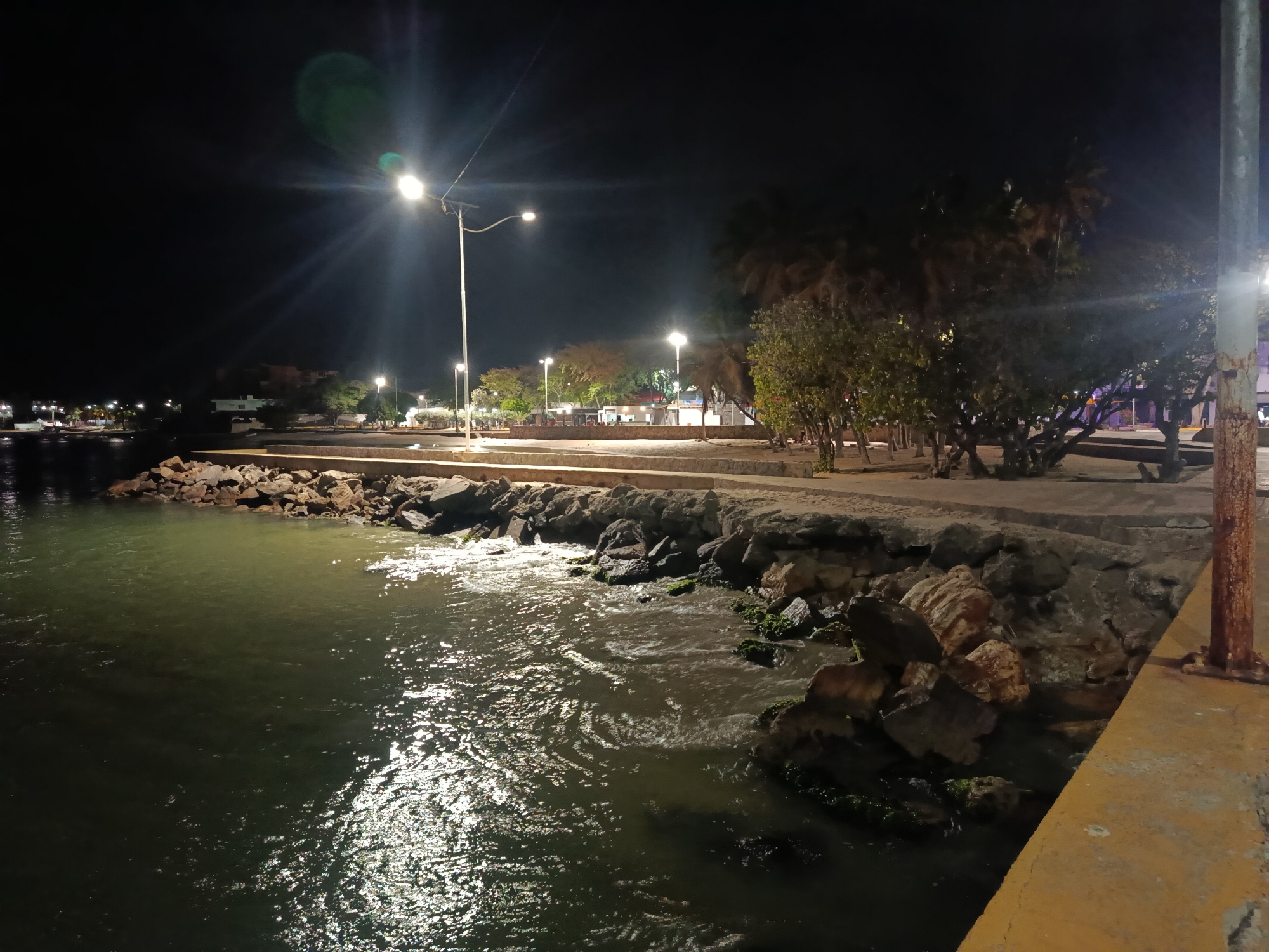 This is a nighttime view of a shoreline in Juan Griego, Venezuela. The scene is illuminated by streetlights along a walkway and reflecting off the water. The water is dark and choppy, with waves breaking against a rocky shoreline. A stone wall separates the water from a paved walkway lined with trees. The sky is dark. A rusty pole stands on the right edge of the image. The setting appears to be a waterfront promenade.