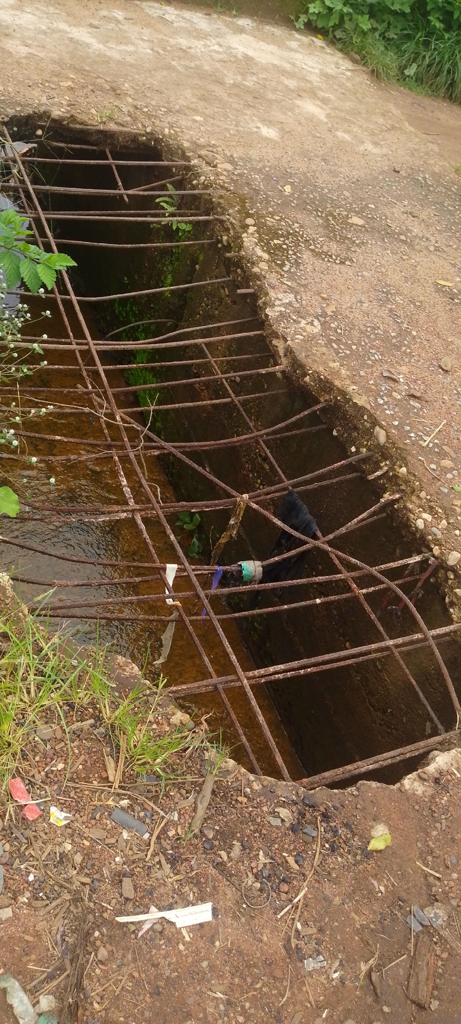 The image shows a section of a rusty metal grate covering a drainage ditch. The grate is made of thick, interwoven metal bars, many of which appear to be corroded. Beneath the grate, a dark, murky liquid flows, likely water with debris. Green vegetation, including grass and leaves, grows around the edges of the ditch and on the surrounding ground. The ground itself is a mixture of soil, gravel, and small stones.
There are various pieces of litter scattered on the ground and partially visible in the ditch, including plastic wrappers and a black plastic object. A small section of green plastic tubing or cap is also visible on the grate, along with some white and blue stringy material. The overall scene suggests an outdoor, possibly neglected, environment. The concrete edge of the ditch is broken and uneven. The lighting appears to be natural daylight, though the sky and time of day are not discernible. The location context provided is Baissa, Nigeria. No people or animals are visible in the image.