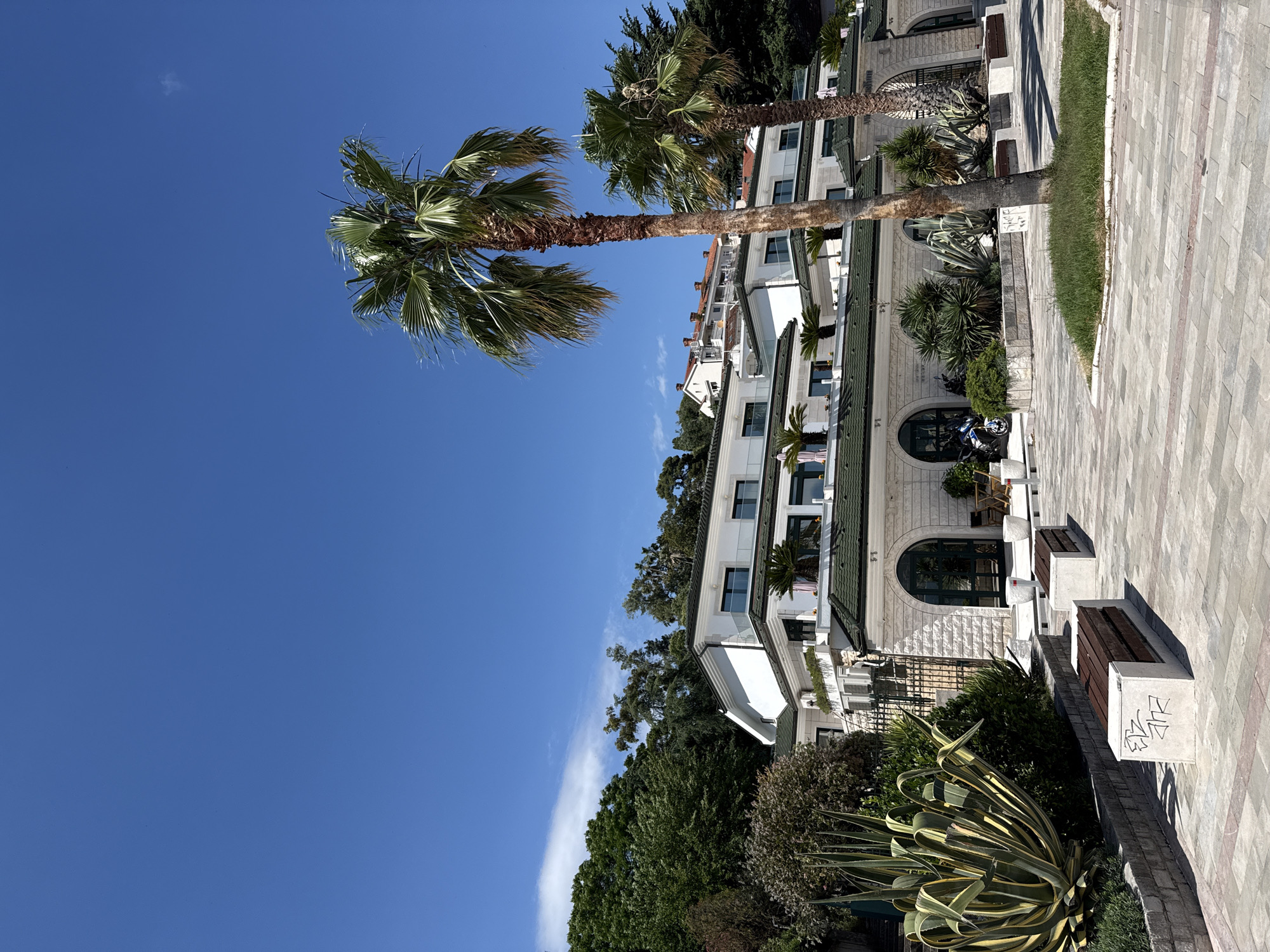 The image depicts a modern white building with green roofs and arched windows, set against a clear blue sky. The building is situated on a hillside, with lush green trees and vegetation surrounding it. In the foreground, two palm trees stand tall, their fronds swaying gently. Paved walkways and planters with exotic plants, including a large agave, complete the outdoor scene. Two concrete benches with wooden slats are placed on the walkway. In front of the building, a motorcycle is parked. The architecture suggests a hotel or a resort, likely in a warm climate. The location is identified as Herceg Novi, Montenegro, known for its coastal beauty and Mediterranean vegetation.