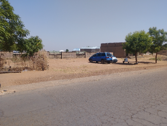 The image shows a blue minivan parked on a dirt road in front of a brick building. The road is paved with asphalt and has cracks in it. There are two trees on the right side of the road, one of which is directly behind the parked car. The sky is clear and blue, and there are no people in the image. There is a white object sitting on the ground beside the road near the trees. The image was taken in Sangaro, Nigeria at coordinates 10.829 latitude and 11.428 longitude.