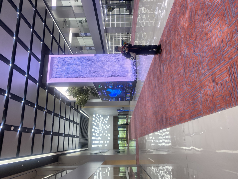 The image shows a large, modern, open interior space with a high ceiling and a tiled floor. The ceiling has a grid pattern of square tiles and recessed lighting. A red carpet runs down the center of the space, extending into the distance. A large digital screen on the right side of the image displays a complex map and data. Behind the screen is a wall with a tall, rectangular opening. The opening contains a large, shimmering, translucent waterfall. A young person wearing a blue jacket and black pants is standing on the carpet, looking down at a mobile phone in their left hand. They are standing to the right of the carpet, and to the left of the screen, directly in front of the waterfall. The person is facing the camera, but their face is obscured by their hair. The environment is clean and bright, with no other people present. The coordinates (latitude: 30.449, longitude: 120.242) place the location in the city of Hang Zhou Shi, China. The interior appears to be part of a large office building or other commercial space.