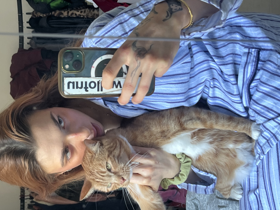 The image depicts an indoor mirror selfie taken in the city of Unknown, Unknown, likely within a bedroom. A young adult with long, reddish-brown hair, wearing a blue and white striped button-up shirt, holds an orange and white tabby cat. The individual takes the photo using a smartphone, held in their right hand, its dark-colored case displaying a reversed 'WOLT' sticker and a visible triple-lens camera module. The subject gazes intently at their reflection. Tattoos are visible on the subject's left hand (wave-like design) and left forearm (partial animal head design, possibly a bull or ram). A thin gold bracelet adorns the left wrist, which also wears a light green scrunchie. Subtle reddish coloration is present on the subject's nose bridge and under their eyes. The cat, with white markings on its chest, belly, and paws, rests in the subject's left arm, looking towards the left with partially closed eyes. The background reveals a clothing rack filled with garments, including dark and patterned items, and blue and white striped bedding, matching the subject's attire.